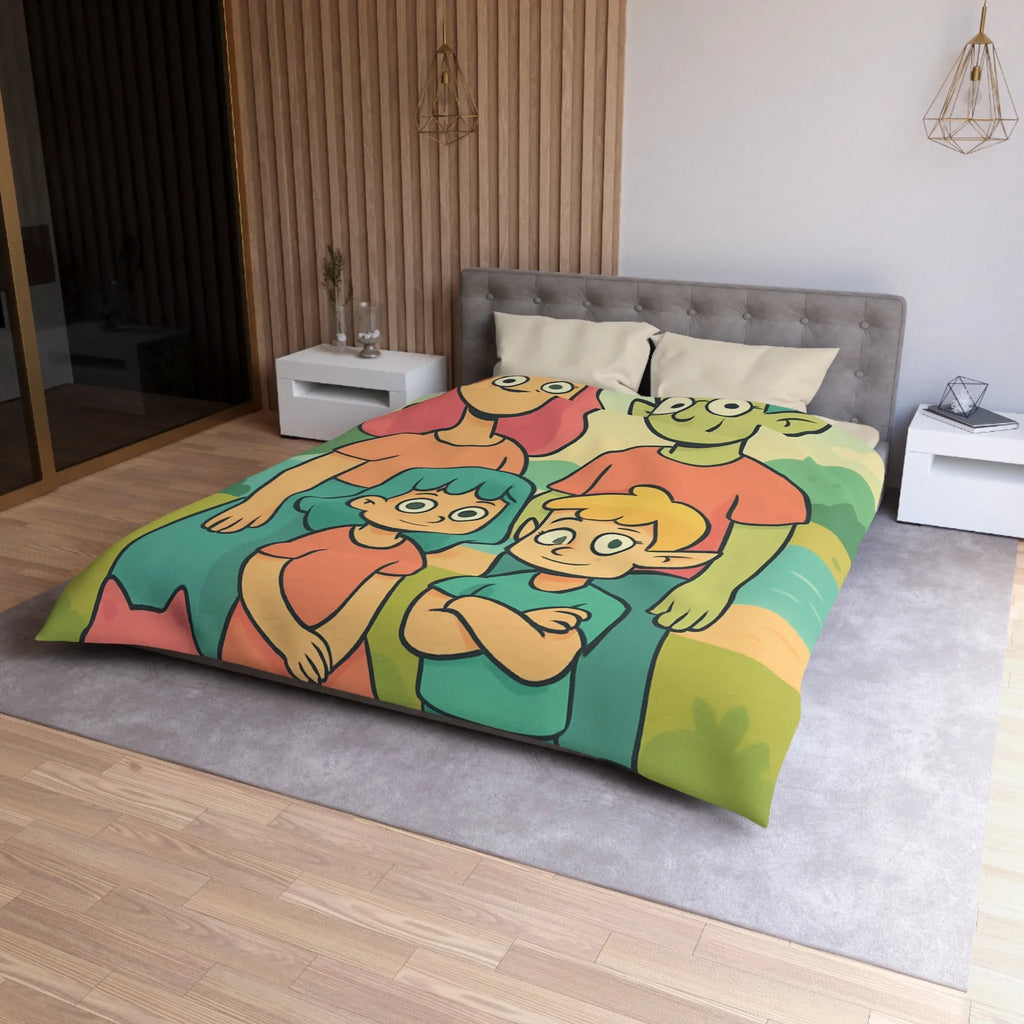 Housse de couette chaleureuse illustrant une famille enchantée et ses animaux compagnons ludiques