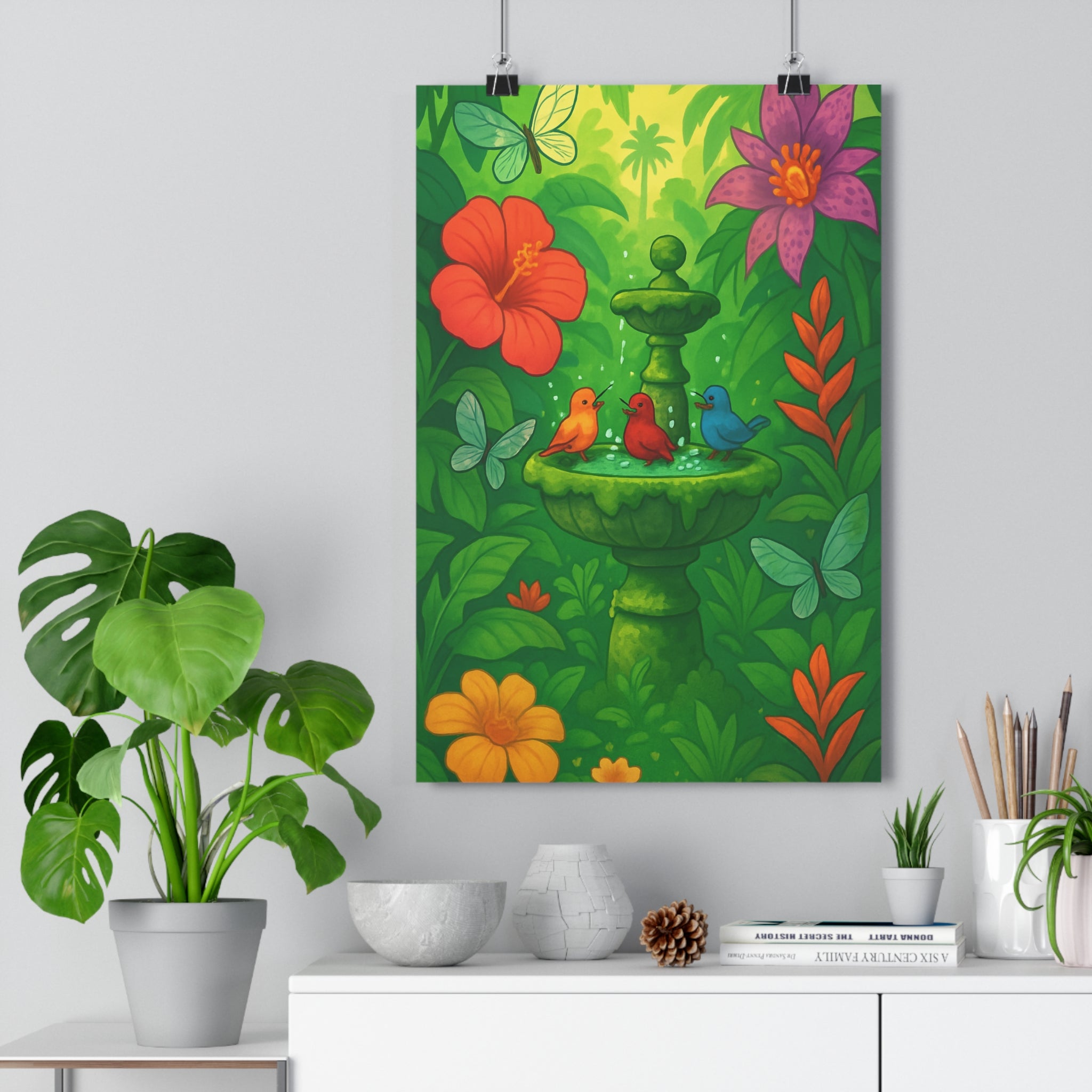 Poster décoratif cartoon nature bleu rouge vert serein salon chambre ambiance colorée murale jardin