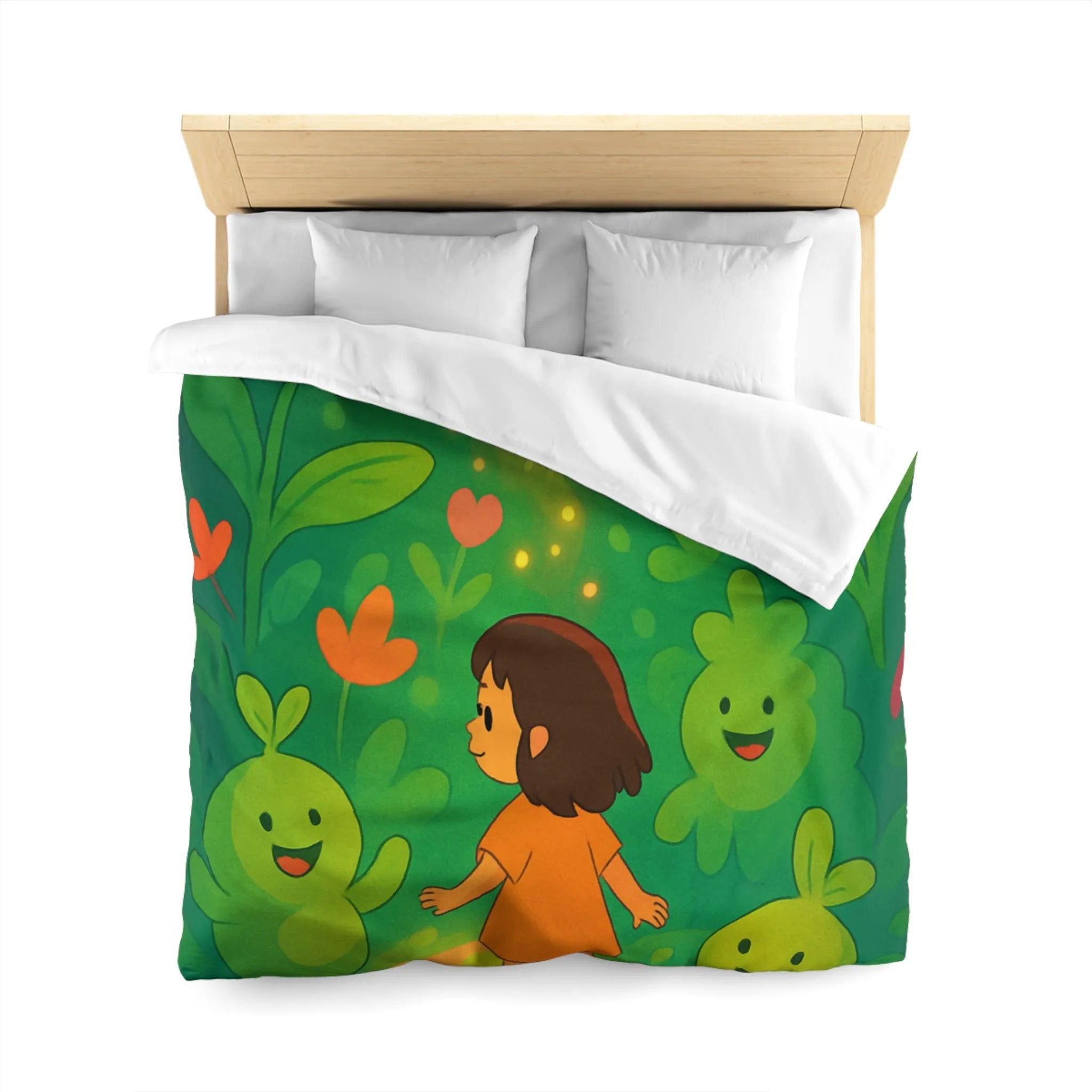 Housse de couette enfant avec fleurs colorées et créatures joyeuses dans forêt magique