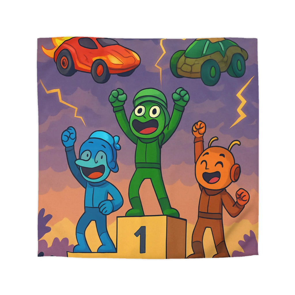 Housse de couette colorée avec podium de victoire et voitures exotiques dessinées