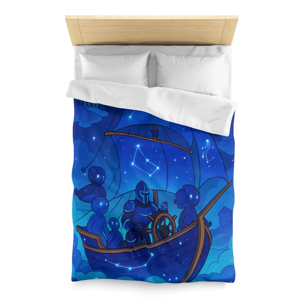 Housse de Couette Inspirée Ciel Étoilé avec Bateau et Constellations Bleu Nuit