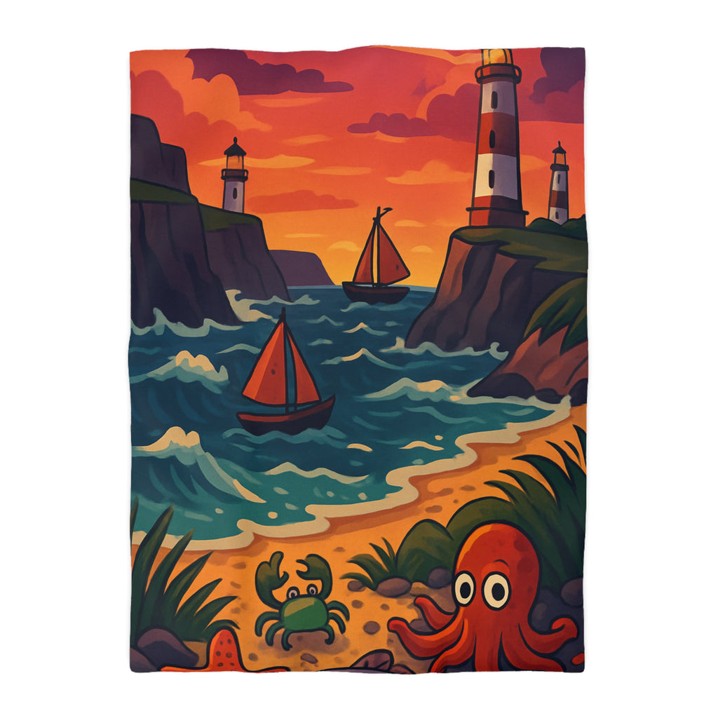 Housse de couette océanique avec phare, créatures marines et voiliers colorés, coucher de soleil vibrant