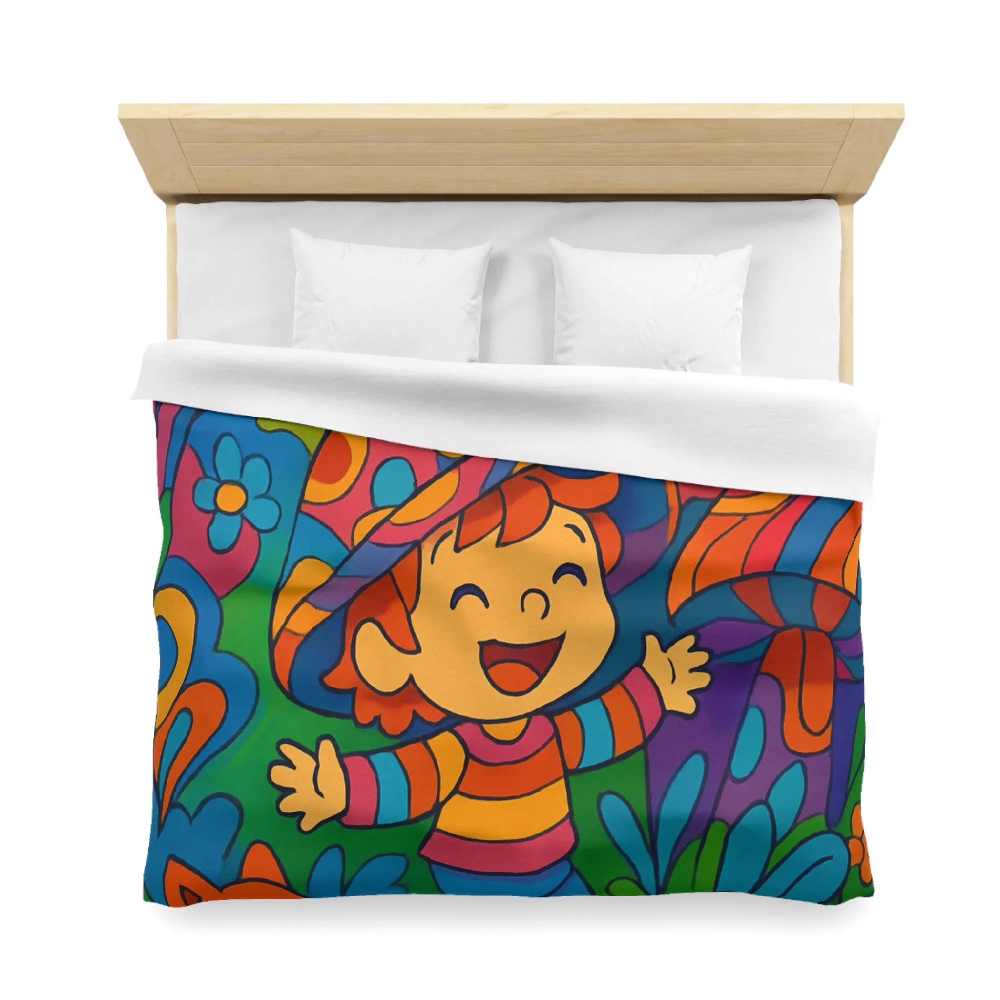 Housse de couette enfant joyeuse avec animaux en forêt style rétro arc-en-ciel