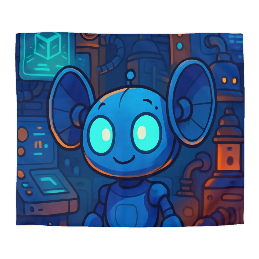 Housse de couette enfant motif robot mignon bleu dans laboratoire futuriste nuit