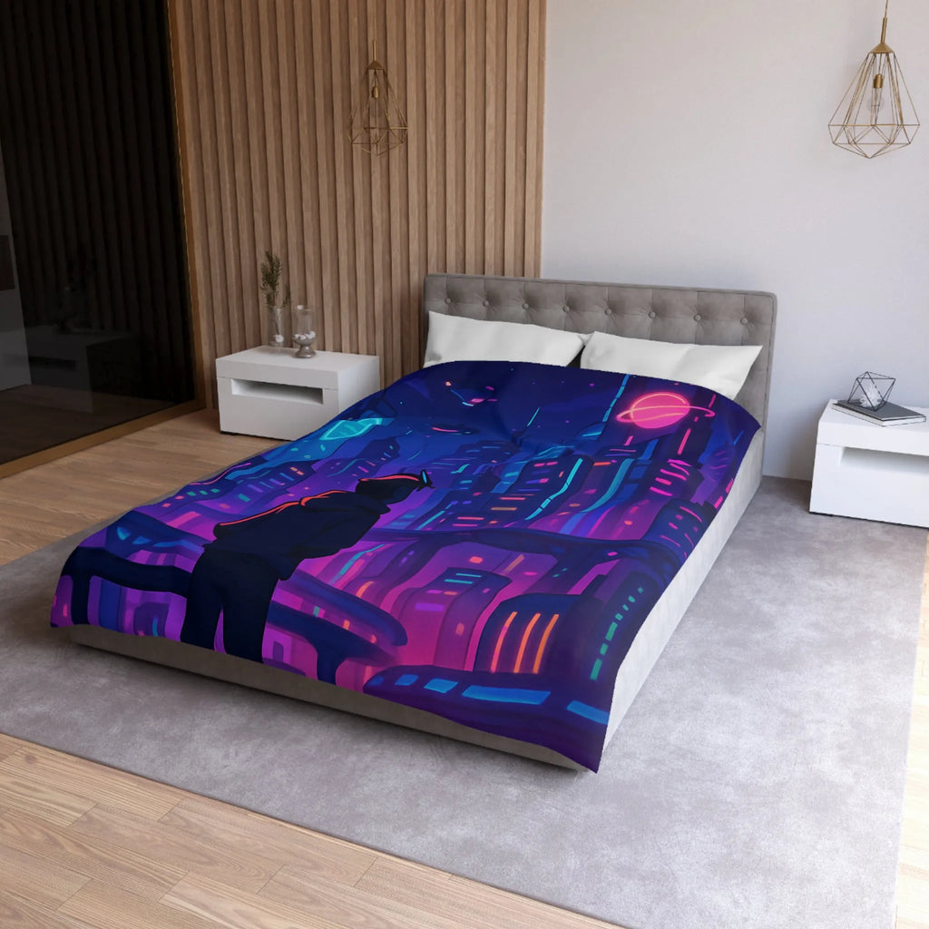 Housse de couette futuriste avec skyline néon vibrant et silhouette étoilée