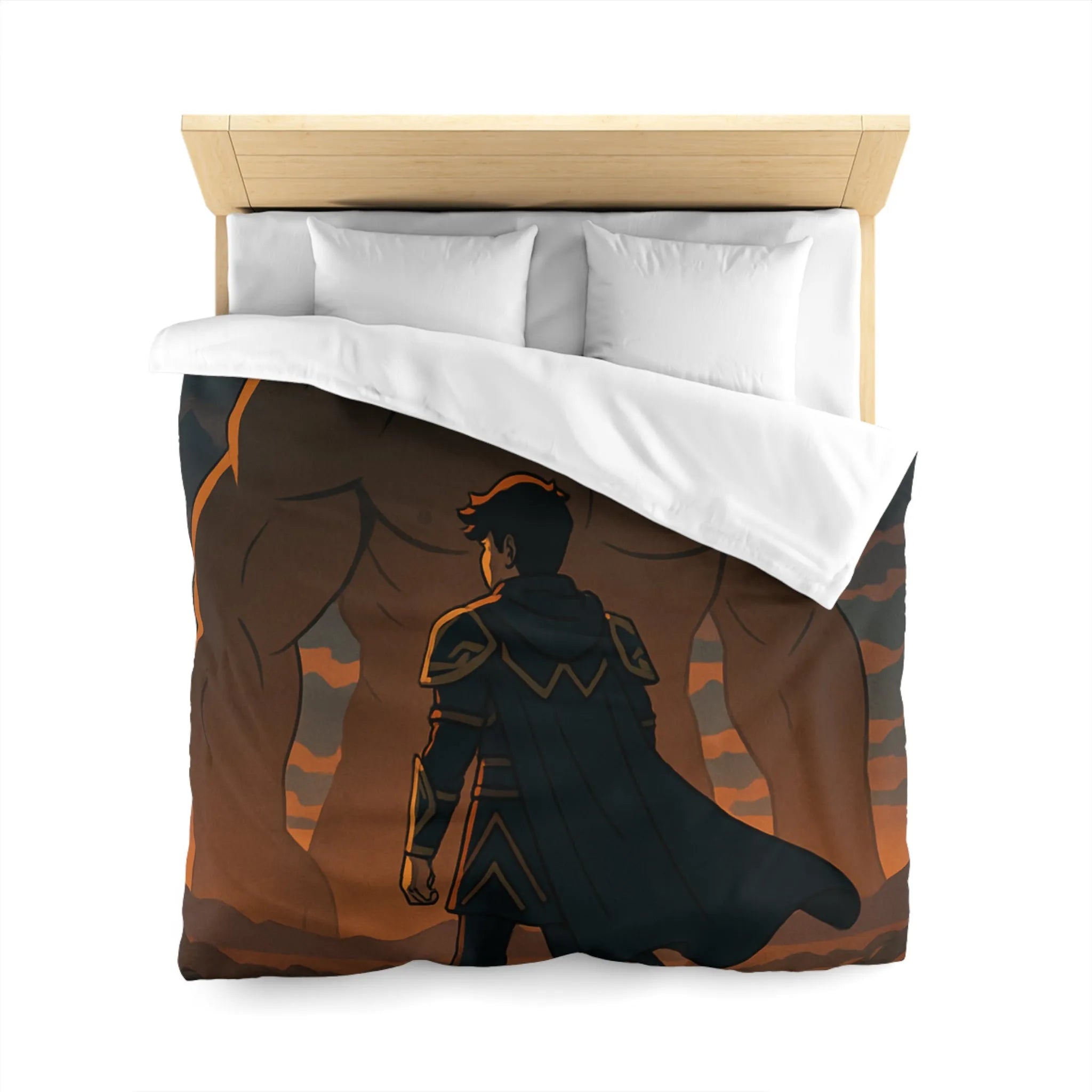 Housse de couette épique avec guerrier et géant sous orage électrique dramatique