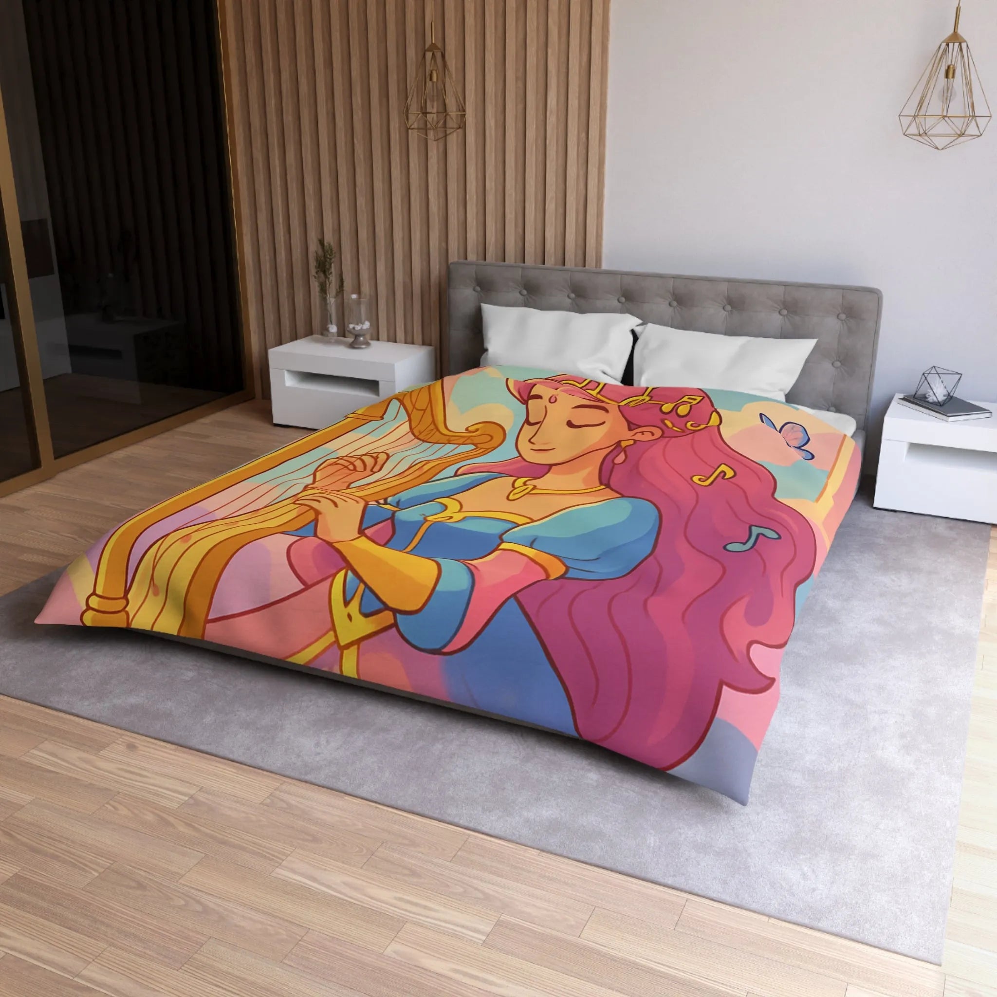 Housse de Couette Magique Princesse Jouant Harpe avec Oiseaux et Papillons Colorés