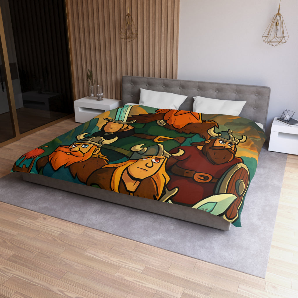 Housse de couette viking épique avec des guerriers et paysage dramatique