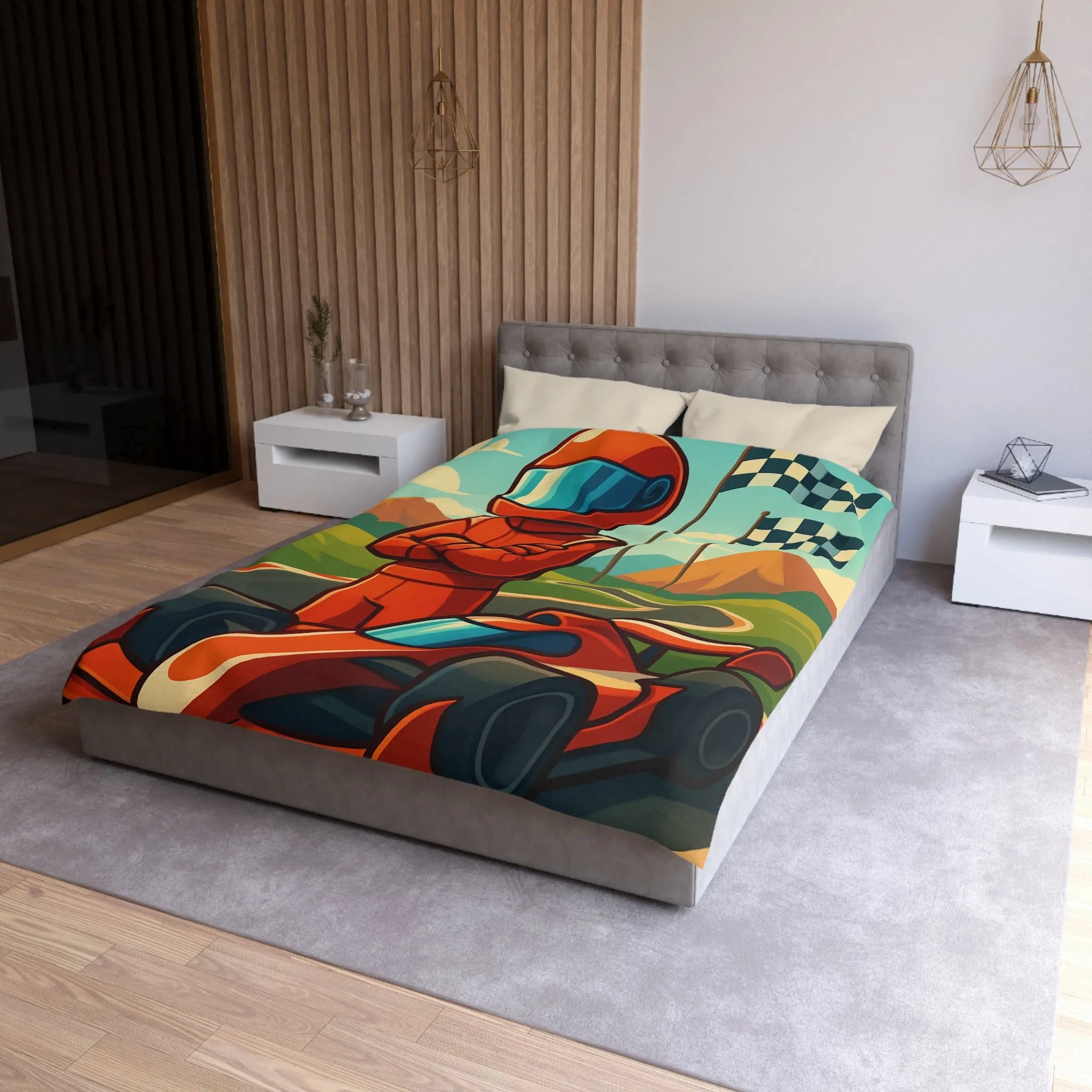 Housse de Couette avec Motif de Voiture de Course et Paysage Coloré pour Enfants