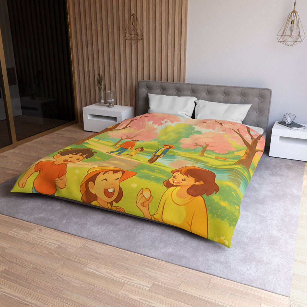 Housse de Couette Printanière avec Scène de Pique-nique Sous Cerisiers en Fleurs