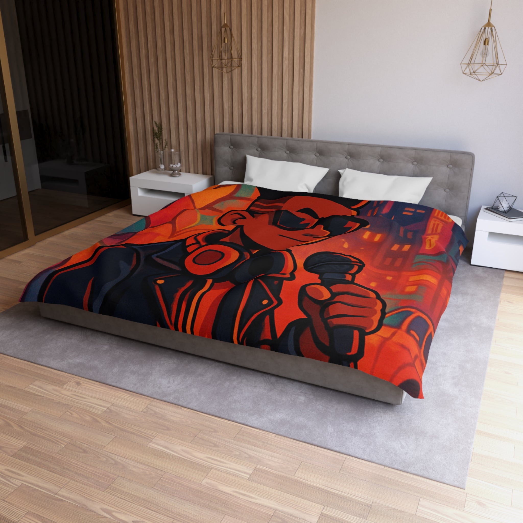 Housse de couette urbaine rétro avec chanteur hip-hop et graphismes vibrants de ville