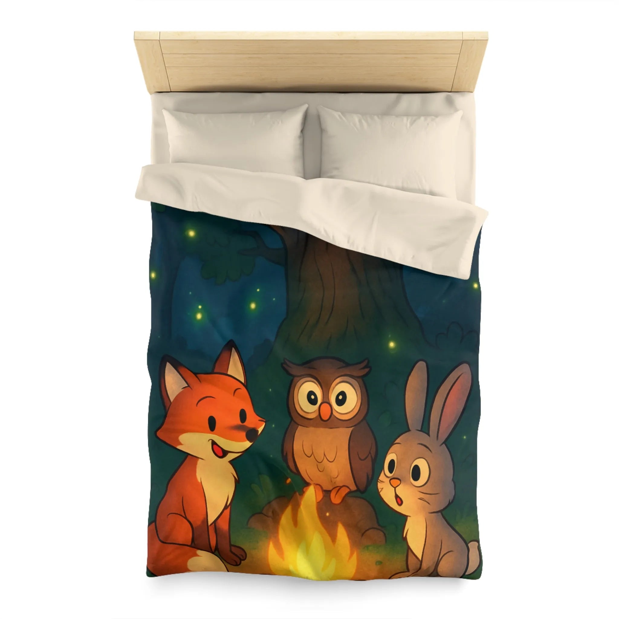 Housse de couette forêt mystique animaux autour du feu sous ciel étoilé magique