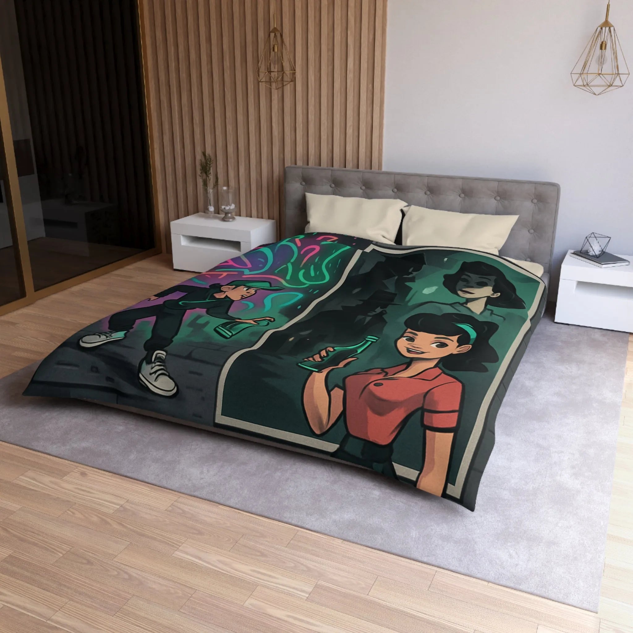 Housse de couette illustrée avec scène de rue colorée et personnages mystérieux