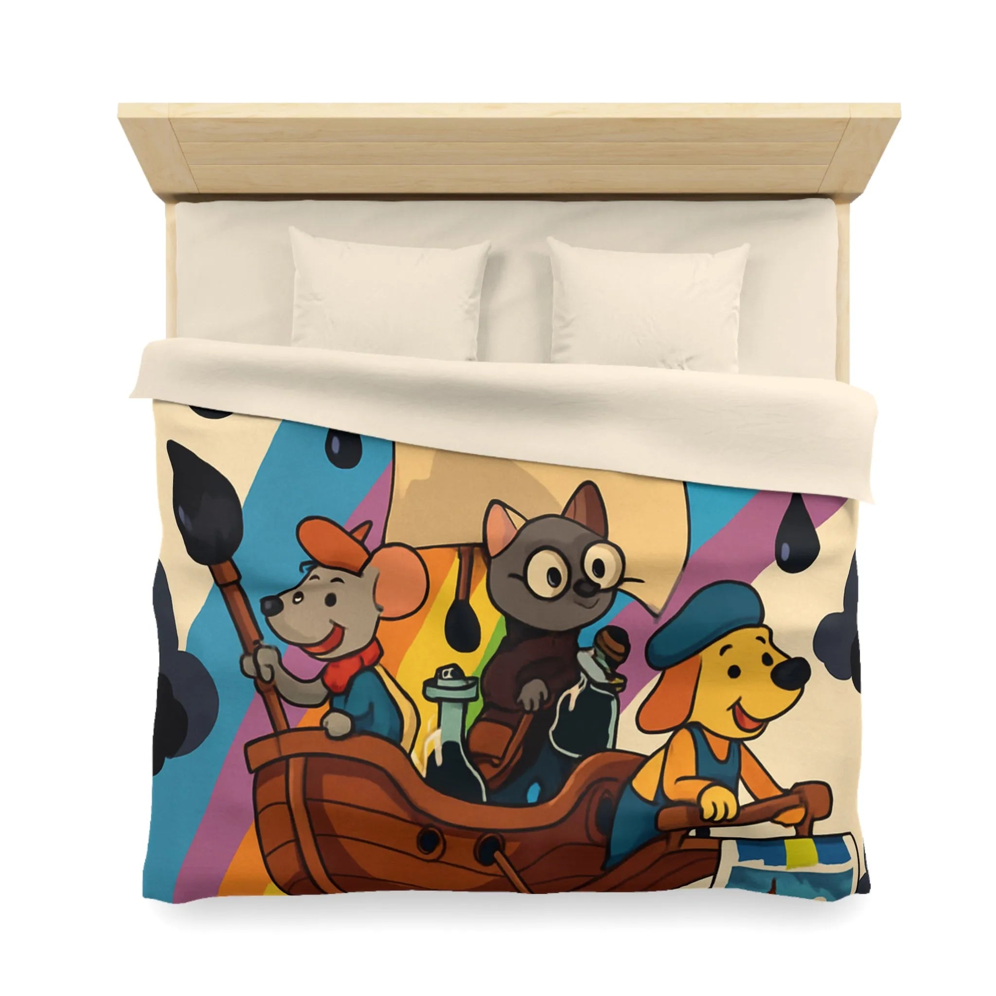 Housse de couette enfant avec animaux navigateurs sur arc-en-ciel et bateau enchanteur