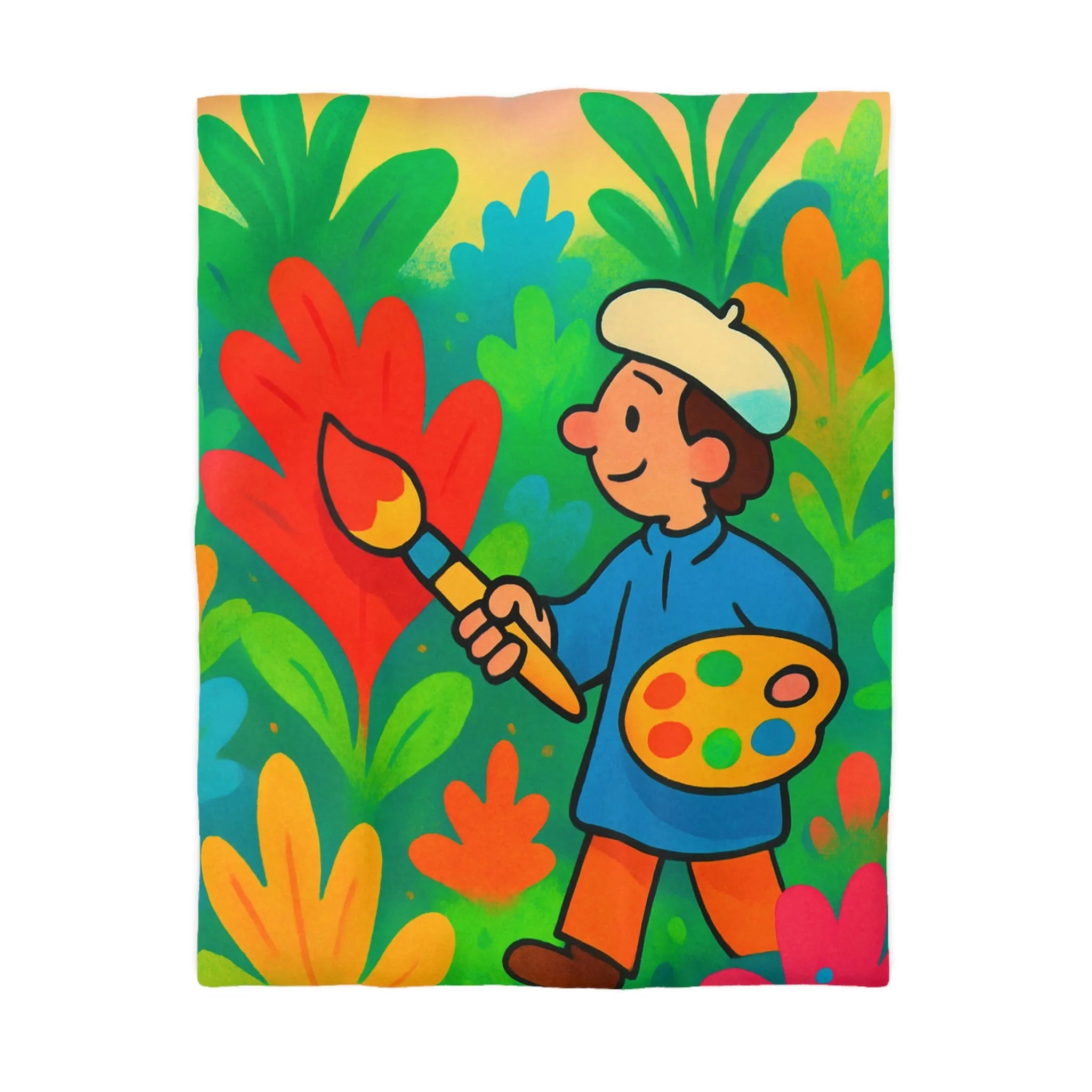 Housse de couette colorée avec artiste et végétation vibrante pour décoration joyeuse