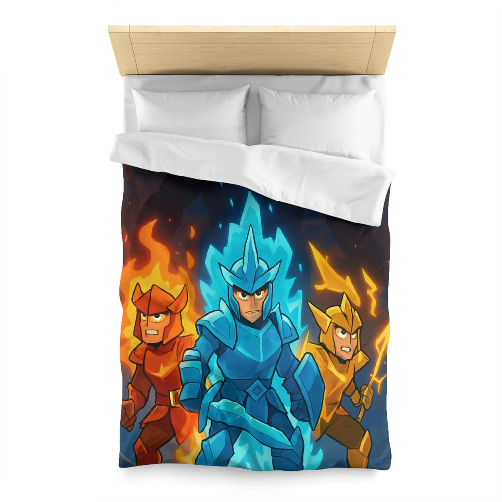 Housse de couette avec guerriers élémentaires de feu, eau et terre contre silhouette maléfique