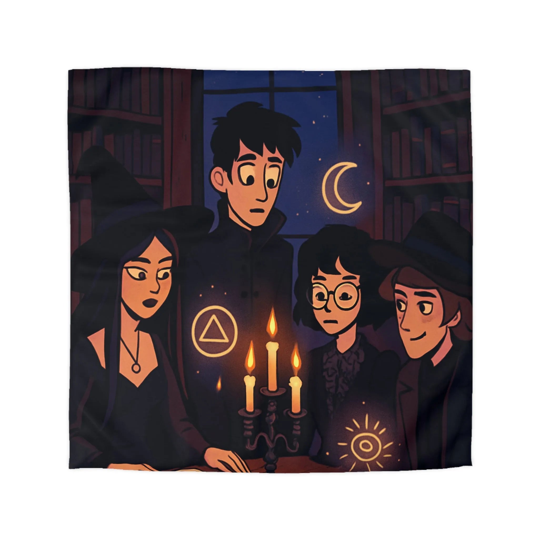 Housse de couette magique avec jeunes sorciers, symboles mystérieux et ambiance nocturne enchantée