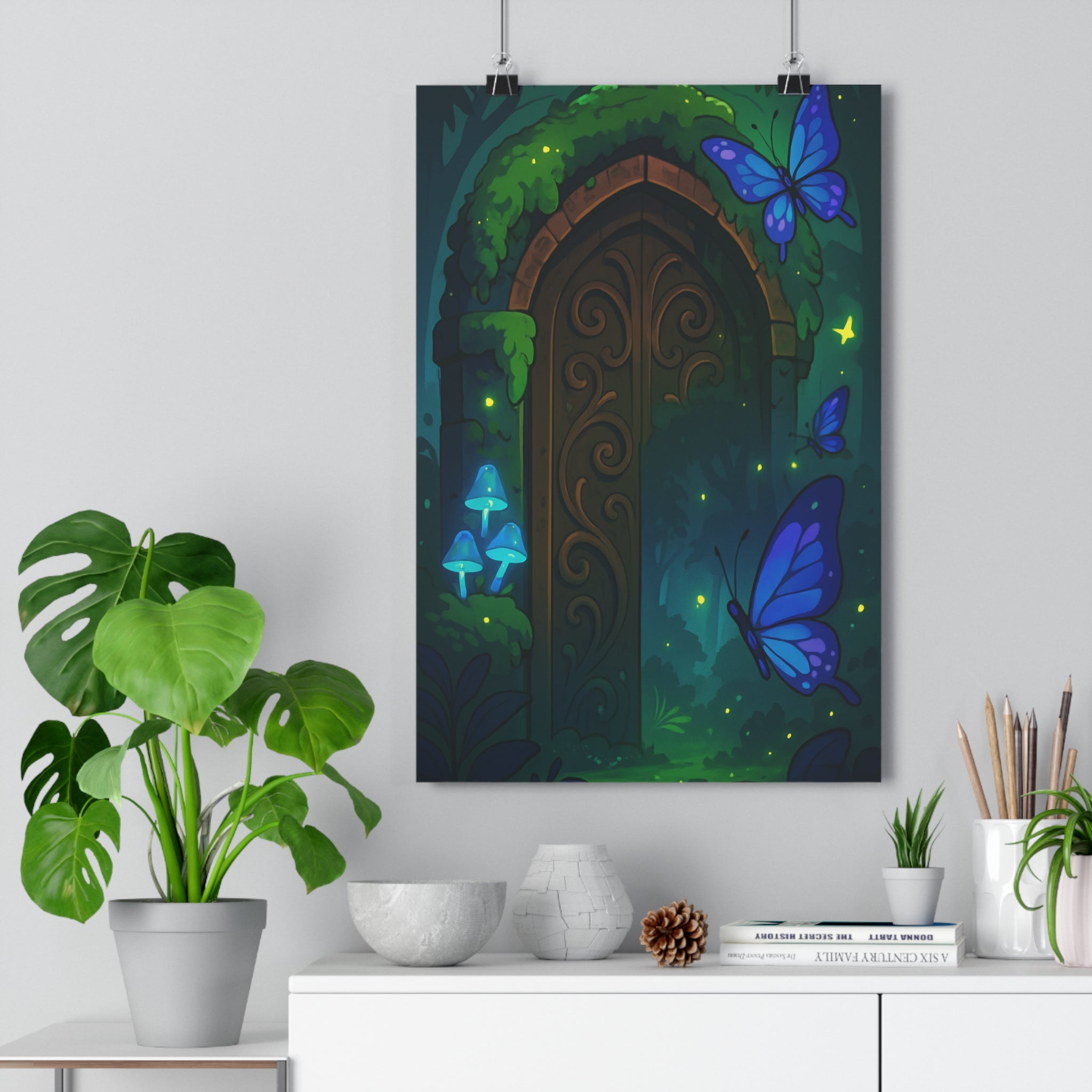 Poster décoratif forêt mystique vert bleu magique nature fantastique salon chambre ambiance rêve lumineuse
