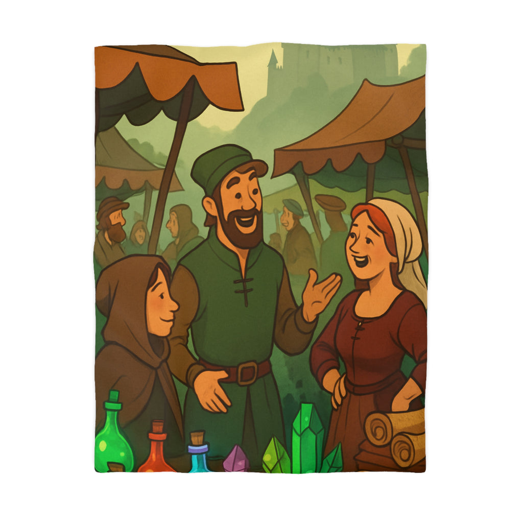 Housse de couette thème médiéval avec château, marché animé et potions colorées