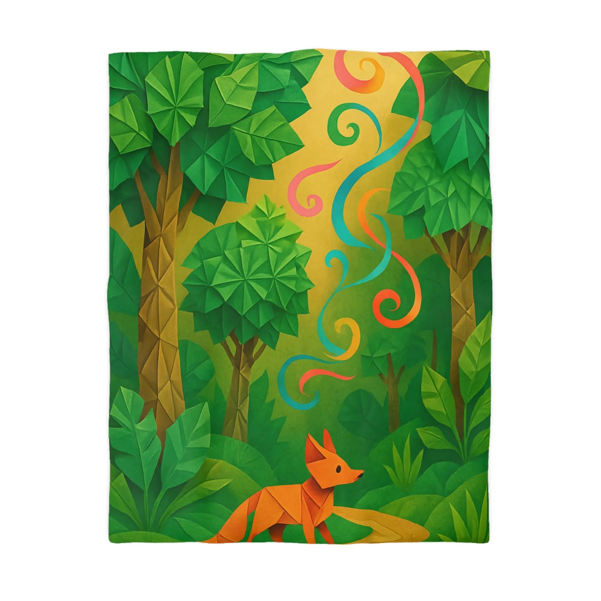 Housse de couette design forêt avec renard orange et motifs tourbillonnants colorés