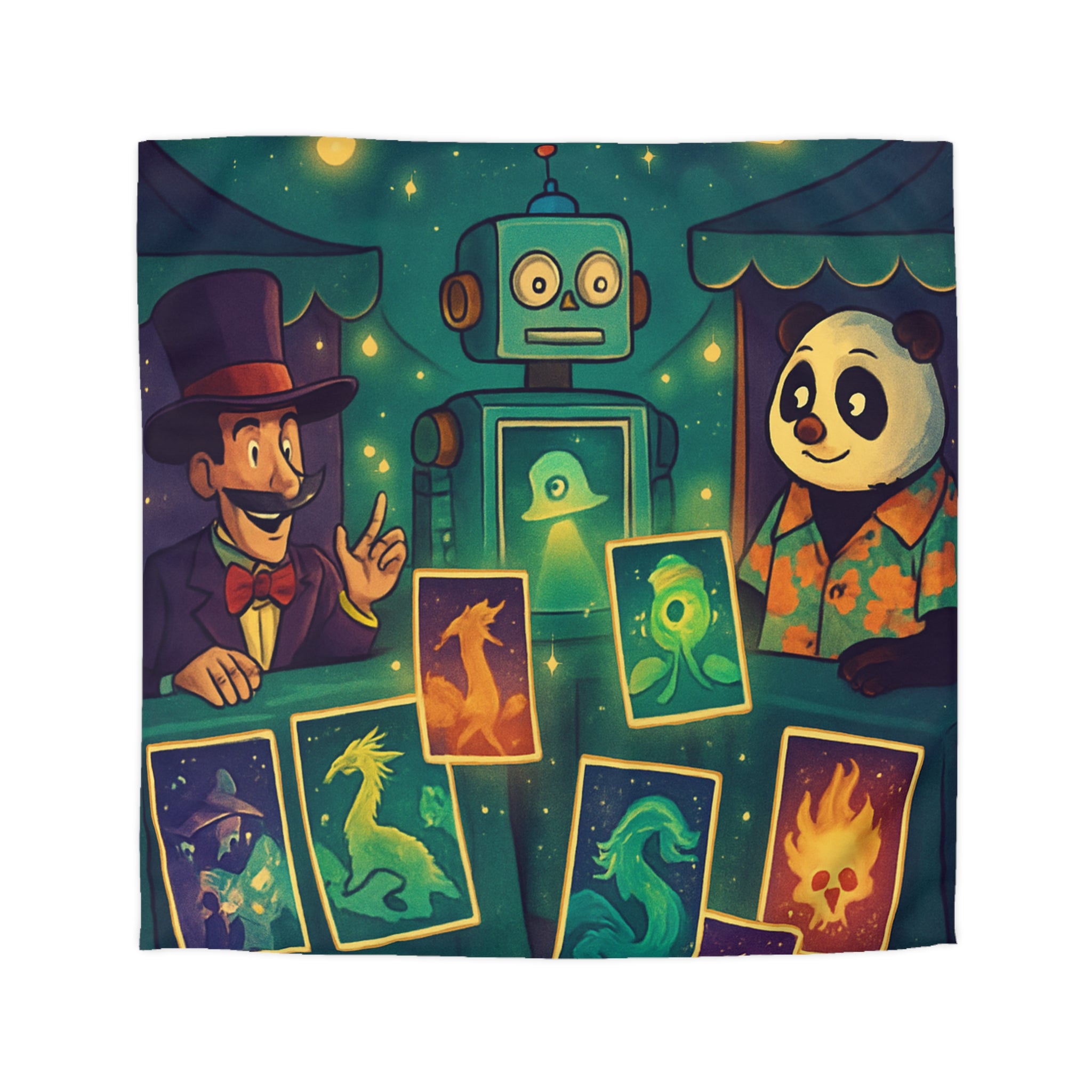 Housse de Couette Mystique avec Robot, Panda et Cartes Fantastiques Illuminées par Étoiles