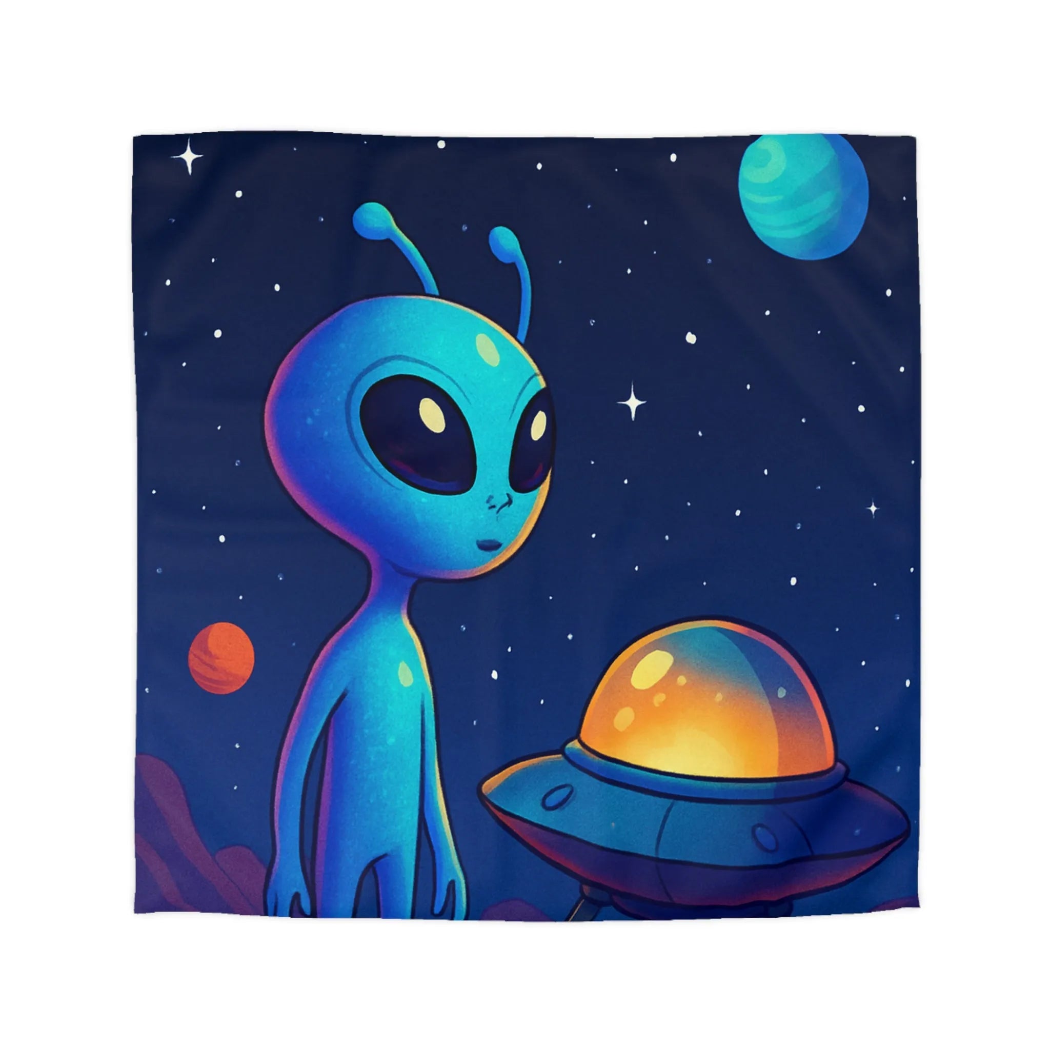 Housse de couette avec motif adorable de petit extraterrestre bleu et soucoupe volante