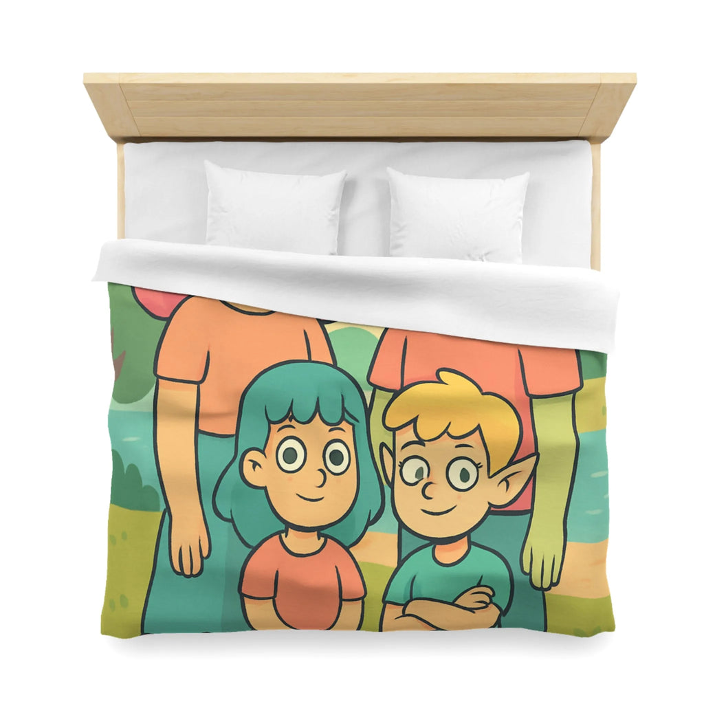 Housse de couette chaleureuse illustrant une famille enchantée et ses animaux compagnons ludiques