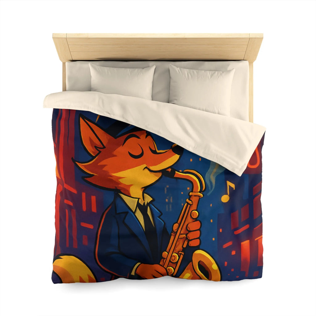 Housse de Couette Jazz de Rue avec Renard Jouant du Saxophone Sous les Réverbères