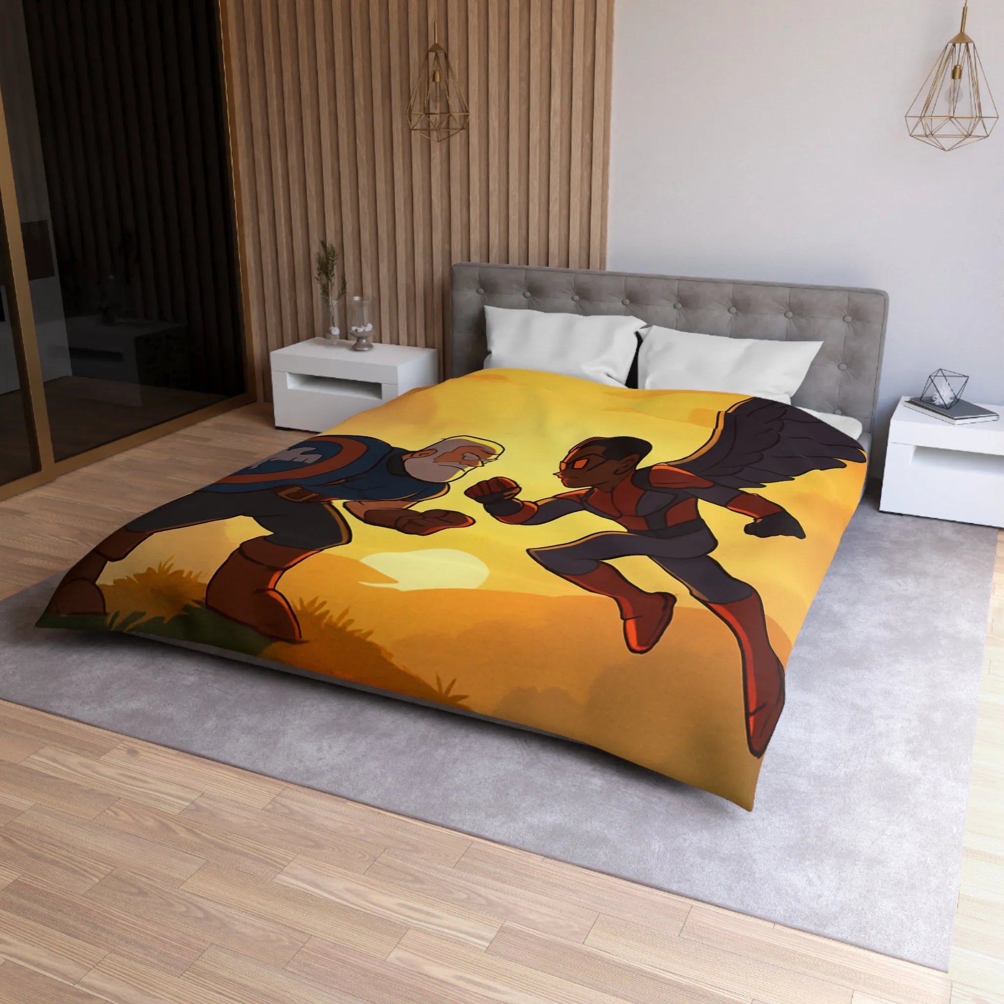 Housse de couette épique avec scène de combat héroïque au coucher du soleil