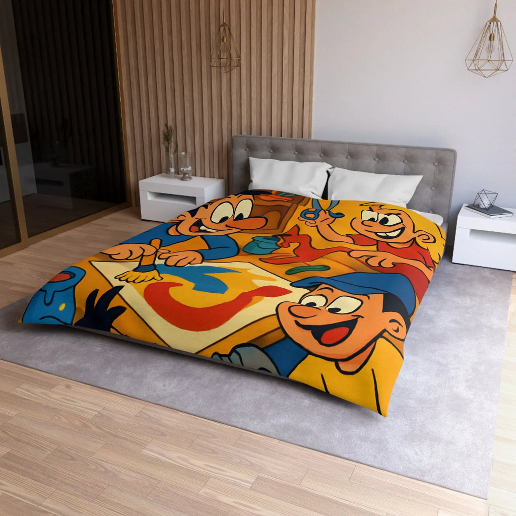 Housse de couette coloriée ludique avec enfants joyeux peignant et créant ensemble dans atelier