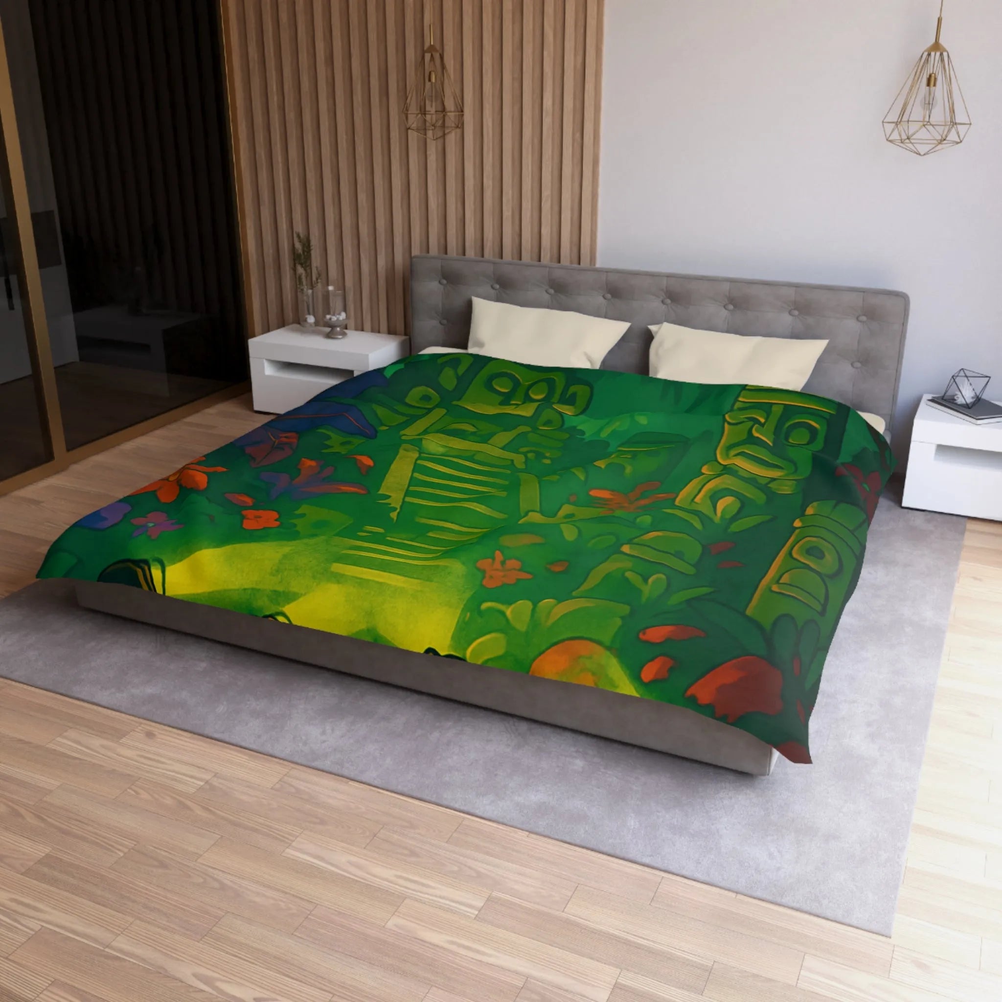 Housse de couette forêt tropicale avec statues anciennes, parfait pour les explorateurs nocturnes