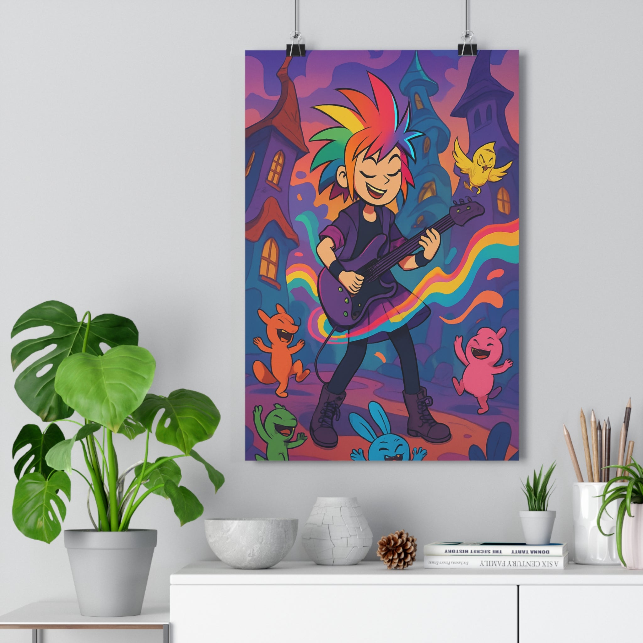 Poster décoratif vibrant multicolore fantasy cartoon joyeux musique enfant chambre salon créatif dynamique ambiance