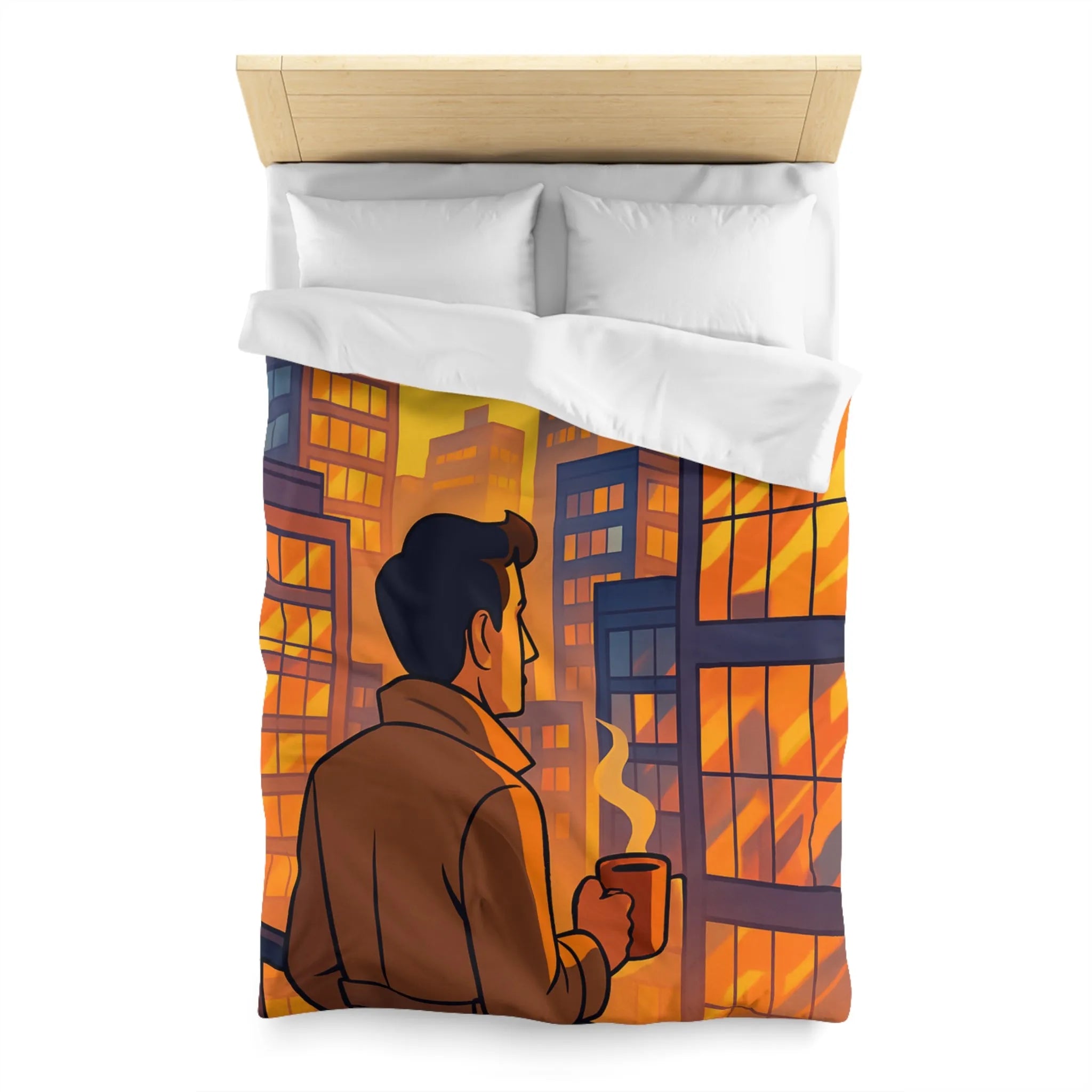 Housse de couette avec illustration urbaine au coucher de soleil et silhouette masculine