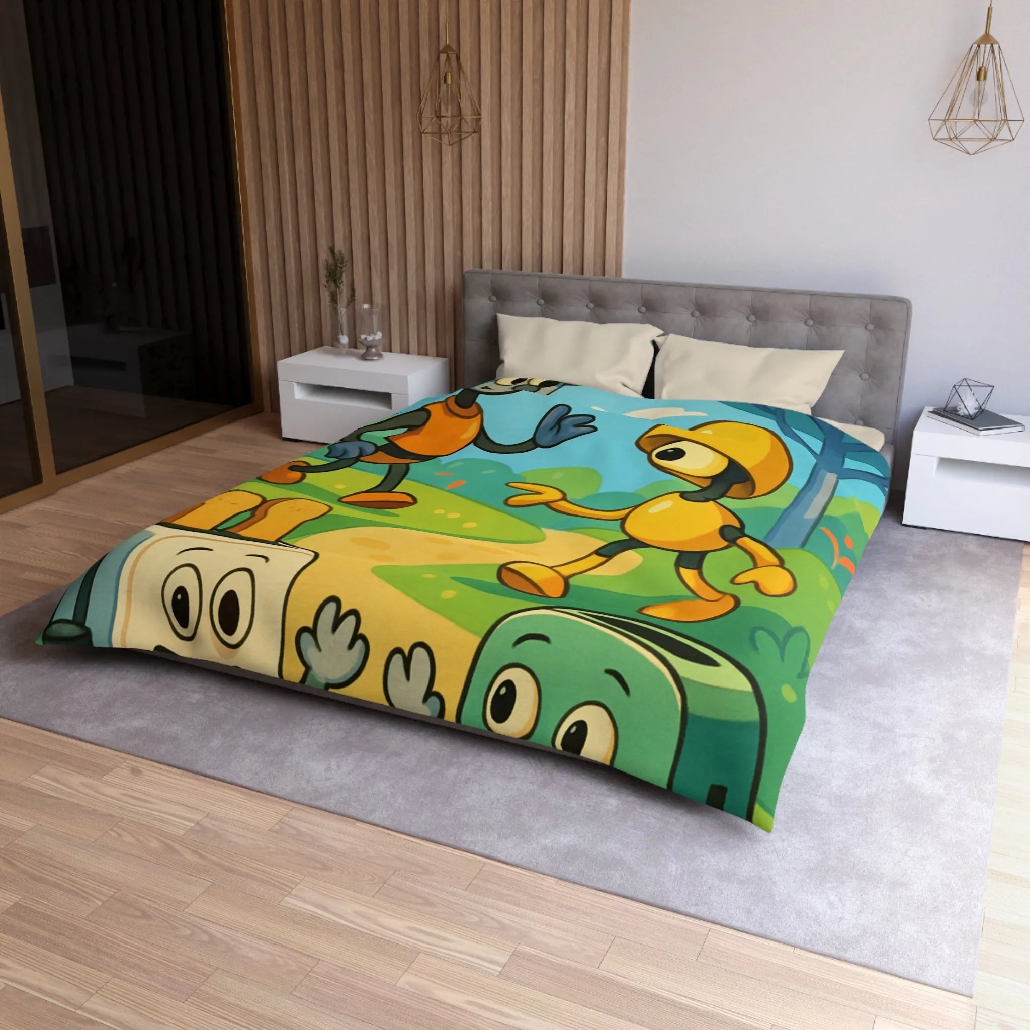 Housse de couette colorée avec robots joyeux et paysage forestier graphique