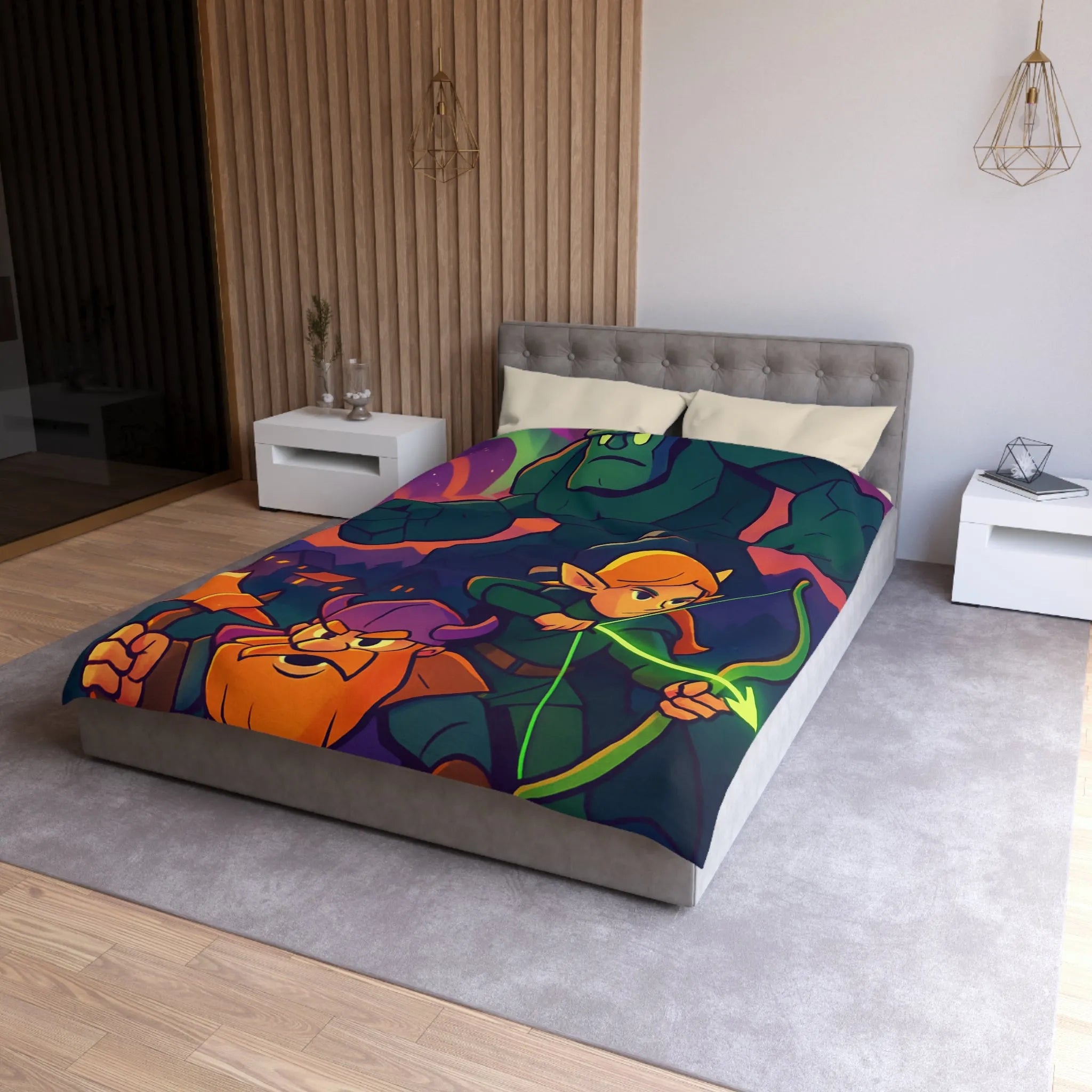 Housse de Couette Fantastique avec Guerrier, Archer et Golem sous Aurores Boréales Éclatantes