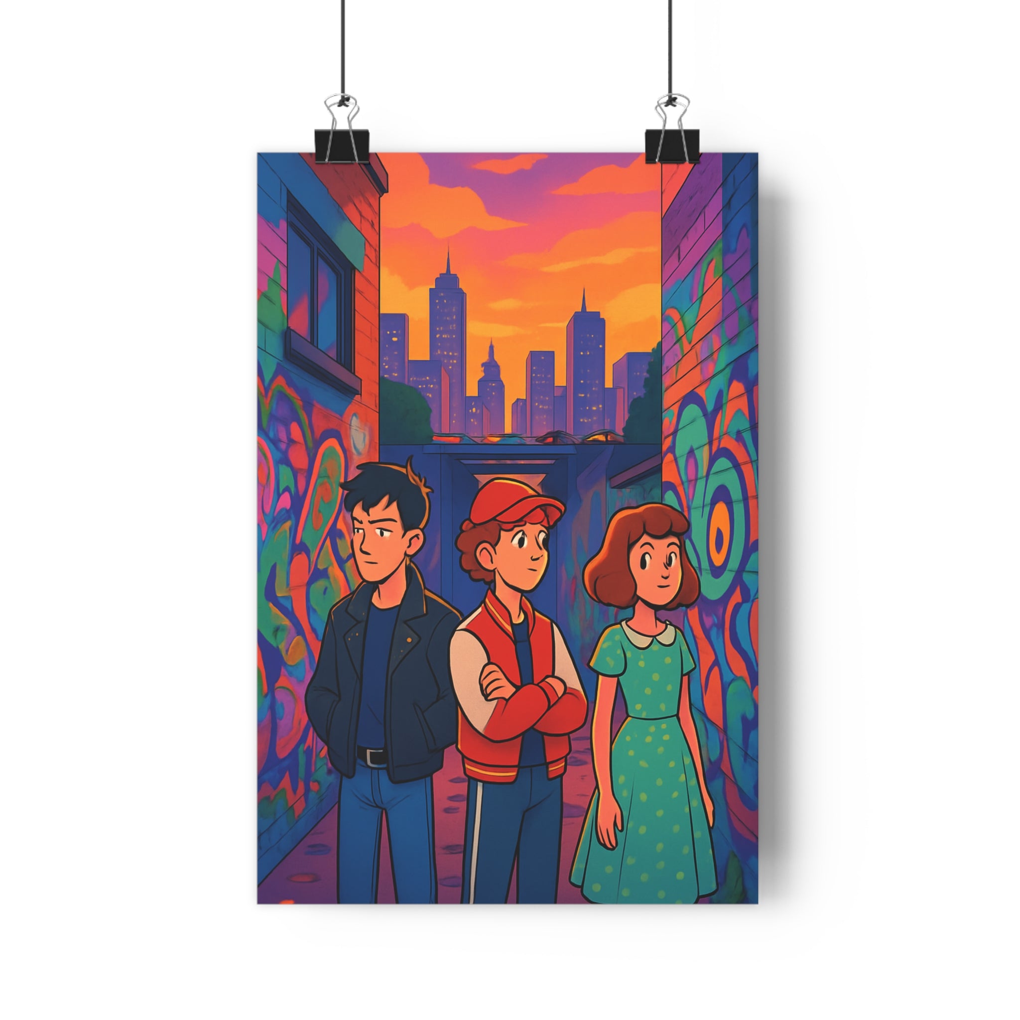 Poster décoratif urbain dynamique moderne coloré orange violet salon chambre art graffiti personnages qualité