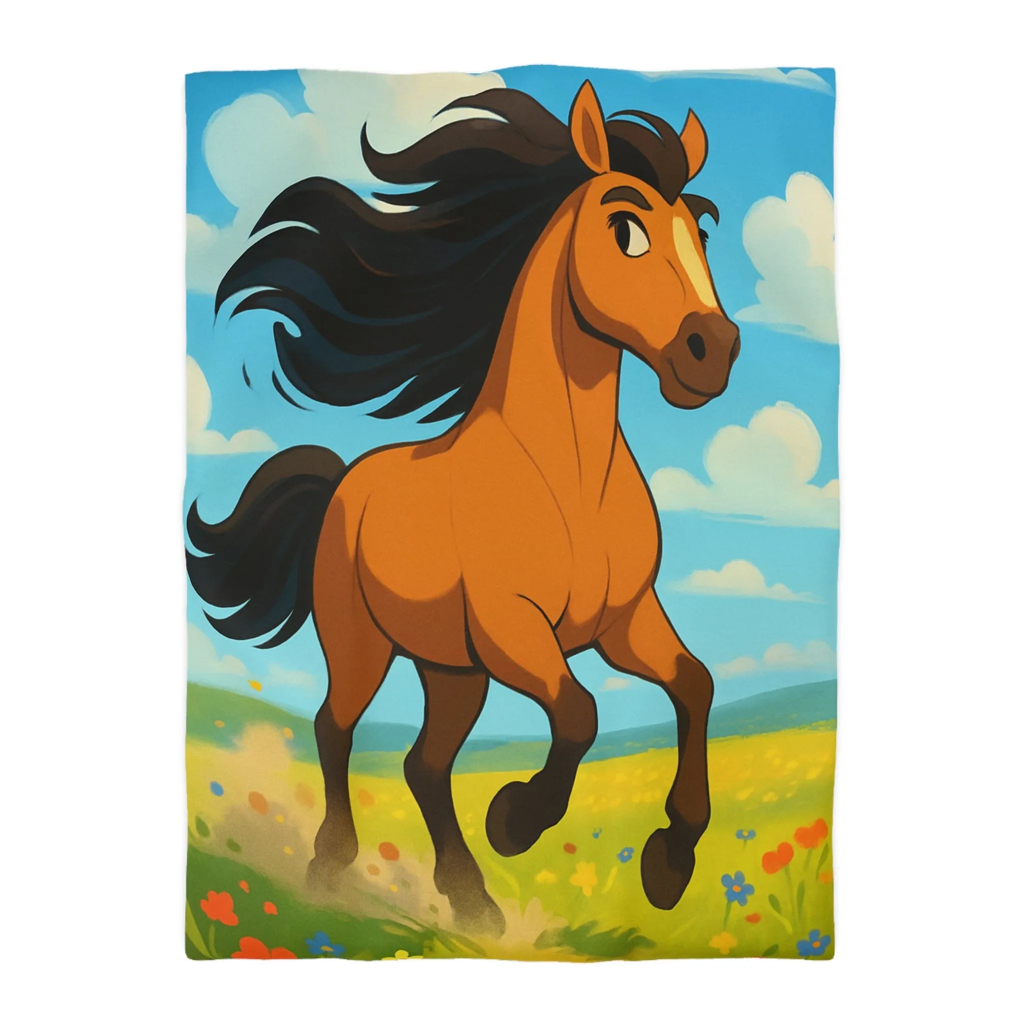 Housse de couette cheval couleur vive, prairie en fleurs, nuages, ciel bleu
