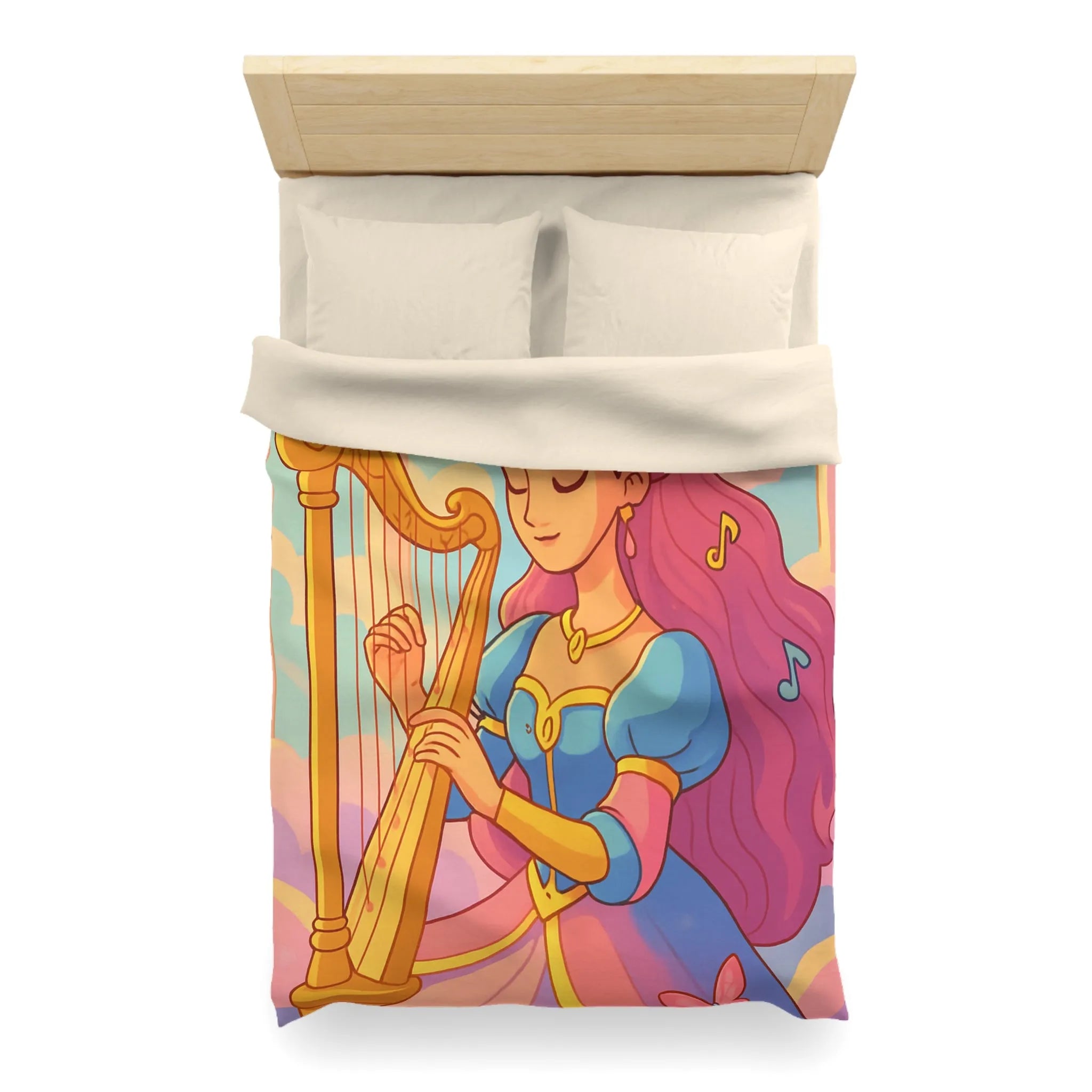 Housse de Couette Magique Princesse Jouant Harpe avec Oiseaux et Papillons Colorés