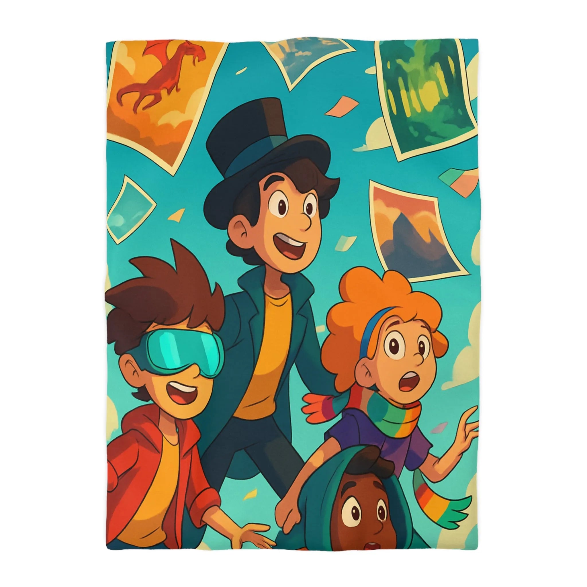 Housse de couette colorée avec enfants explorateurs et illustrations de paysages flottants