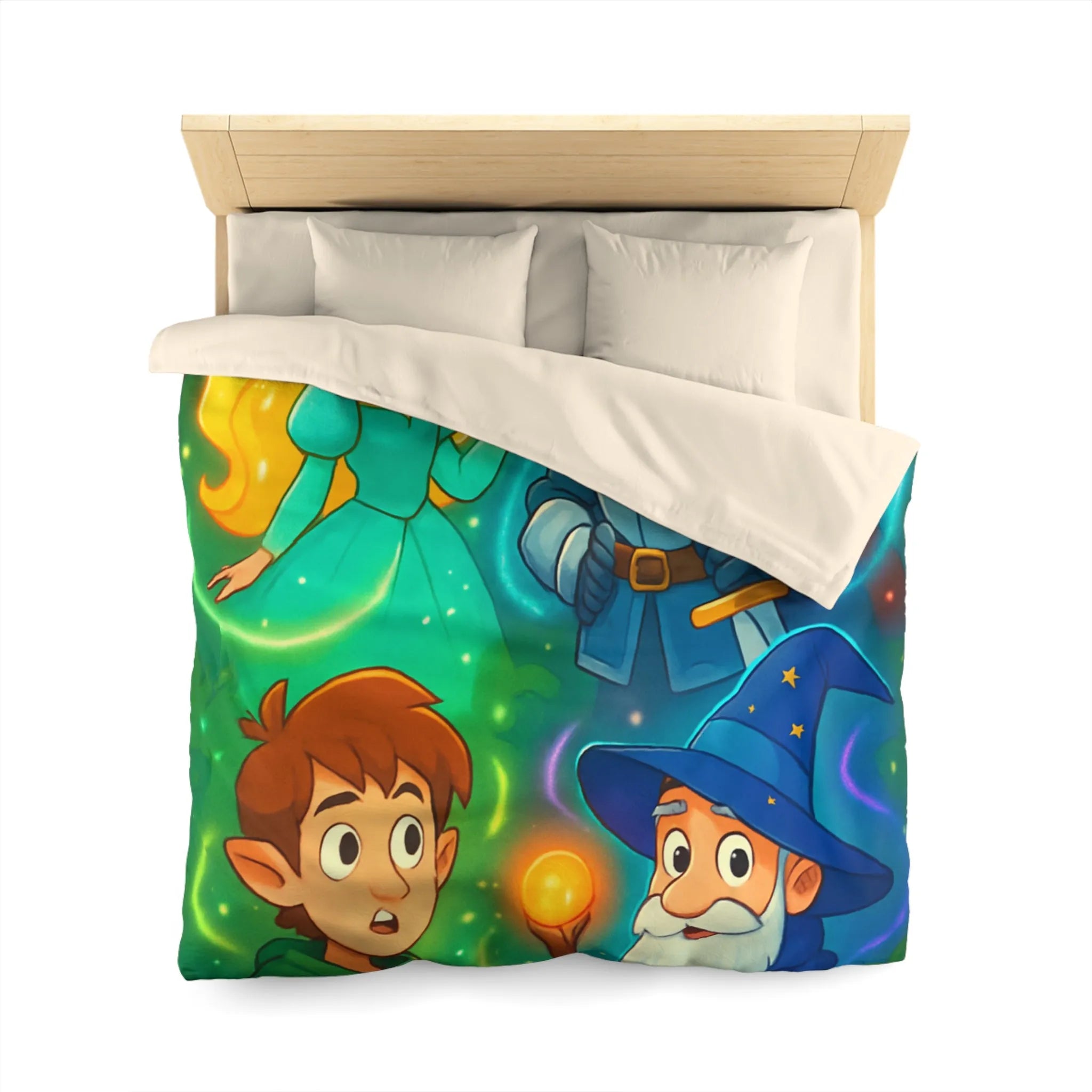 Housse de couette avec chevalier, magicien, princesse et elfes pour chambre enfant