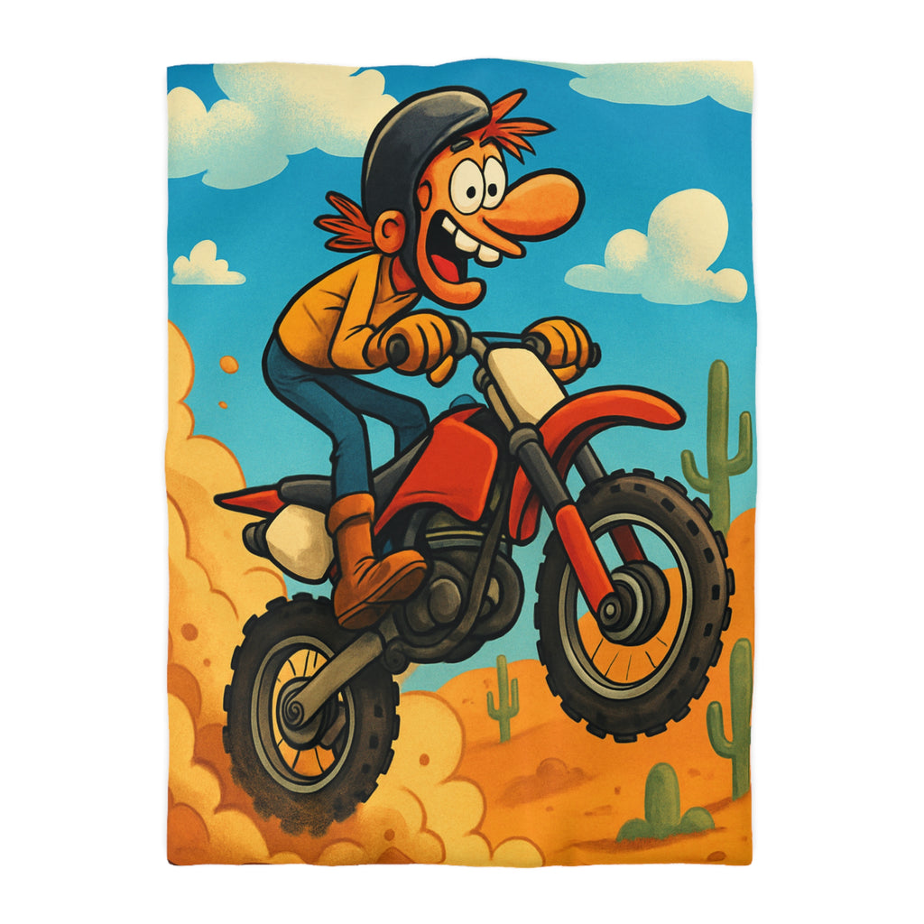 Motard animé sur motocross sautant à travers désert coloré avec cactus et nuages