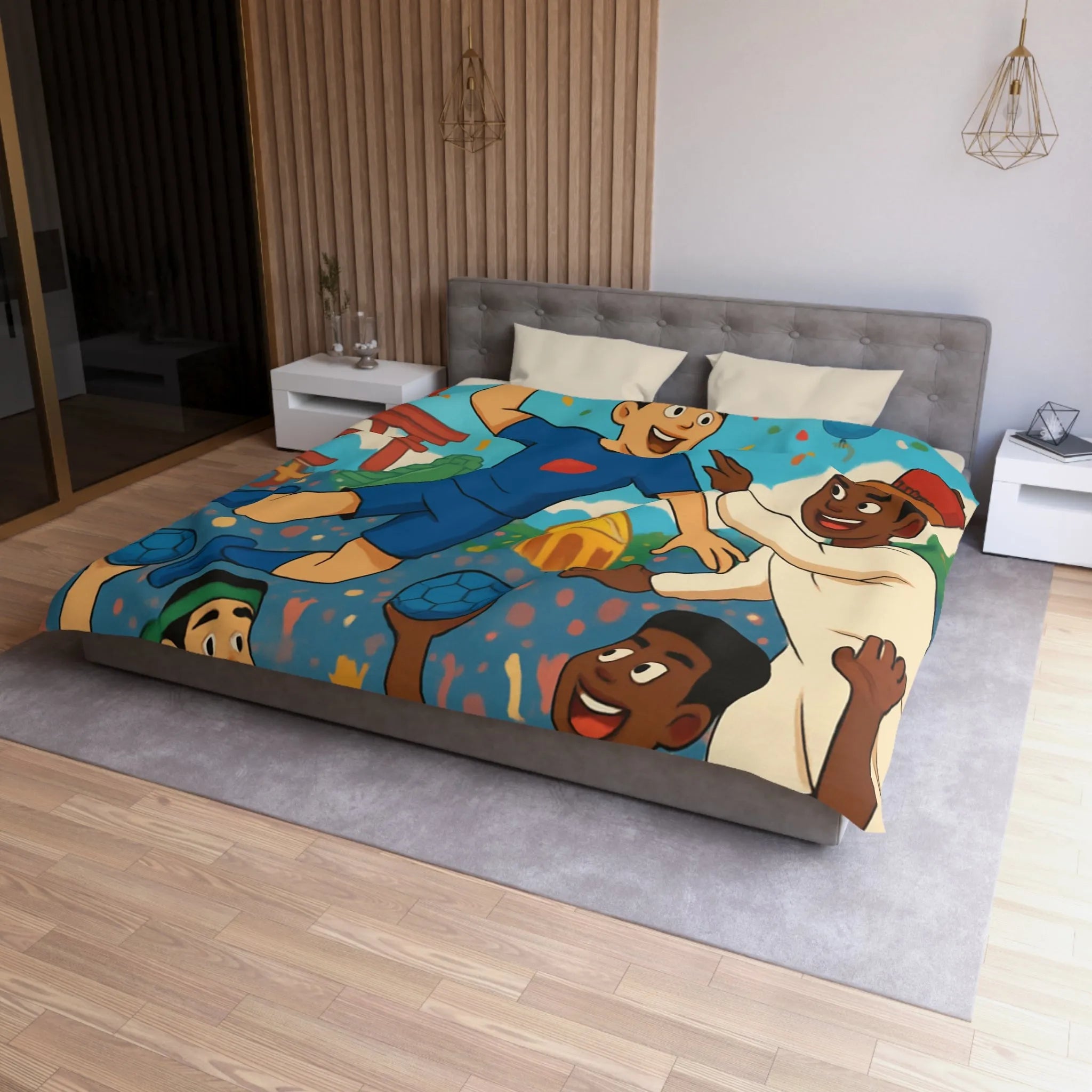 Housse de couette colorée célébrant la diversité multiculturelle avec ballons et drapeaux