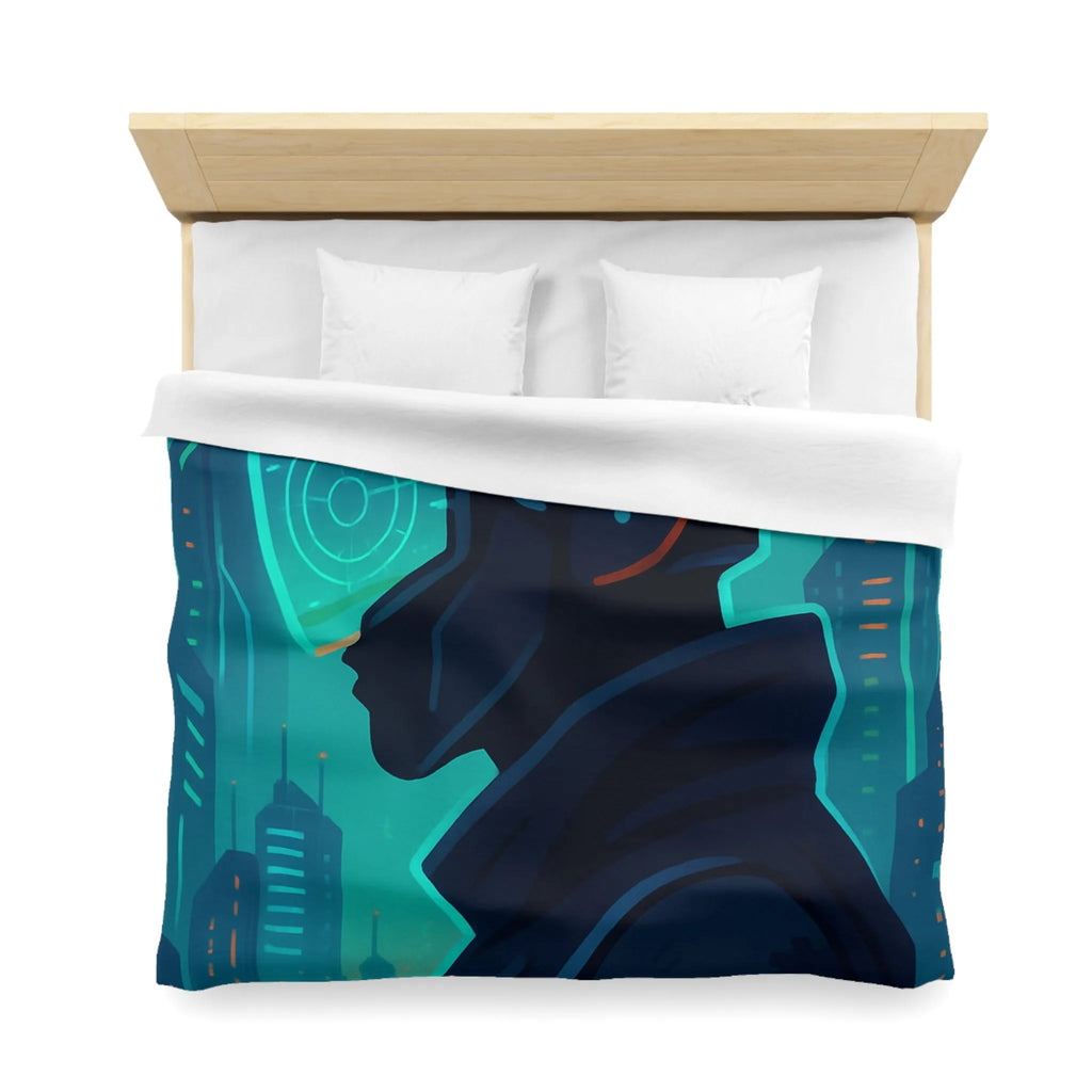 Housse de couette futuriste avec casque de réalité virtuelle et gratte-ciels lumineux