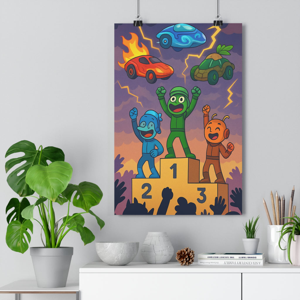 Poster décoratif cartoon galactique podium course bleu vert orange salon enfant joyeux vibrant unique