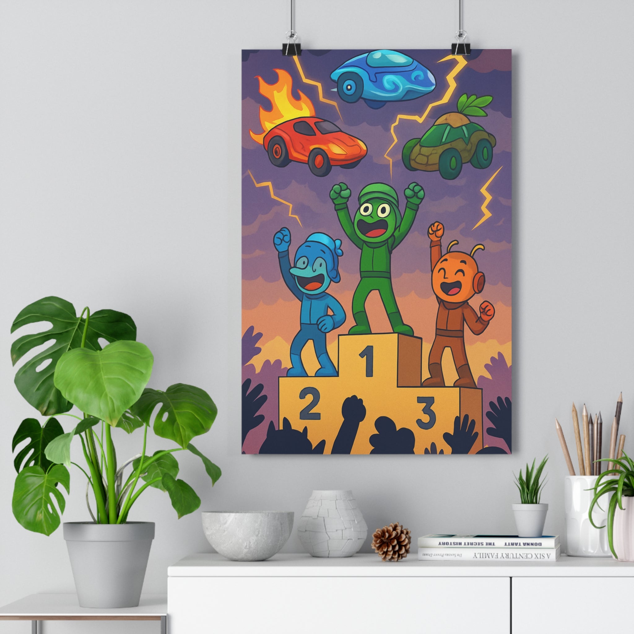Poster décoratif cartoon galactique podium course bleu vert orange salon enfant joyeux vibrant unique
