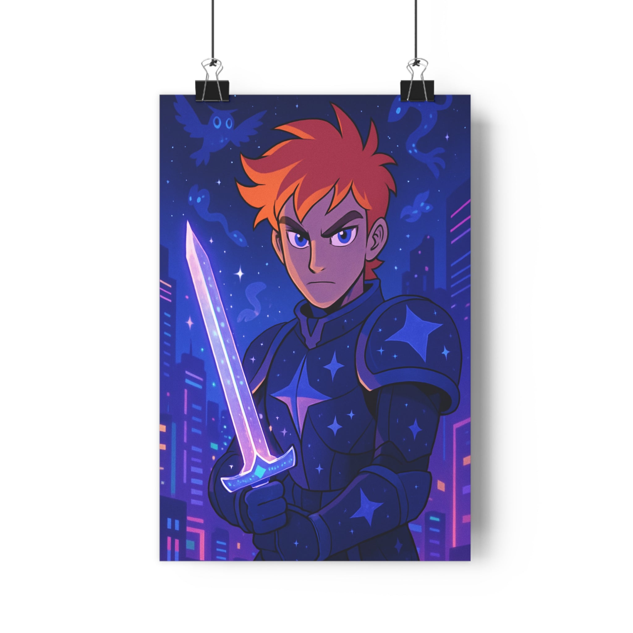 Poster décoratif guerrier céleste bleu violet futuriste mystique chambre salon ambiance épique fantastique vibrant