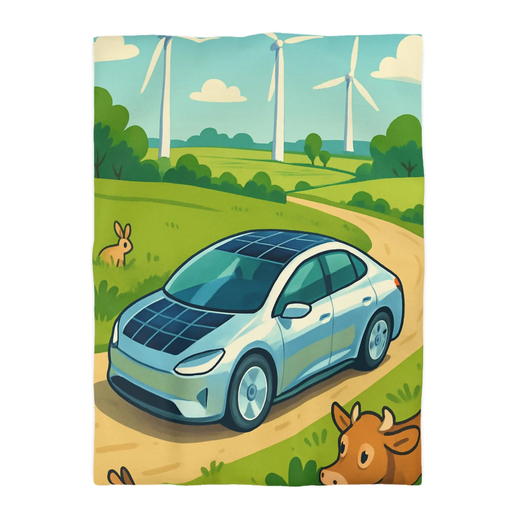Housse de couette écologique avec voiture solaire, éoliennes et animaux dans la nature