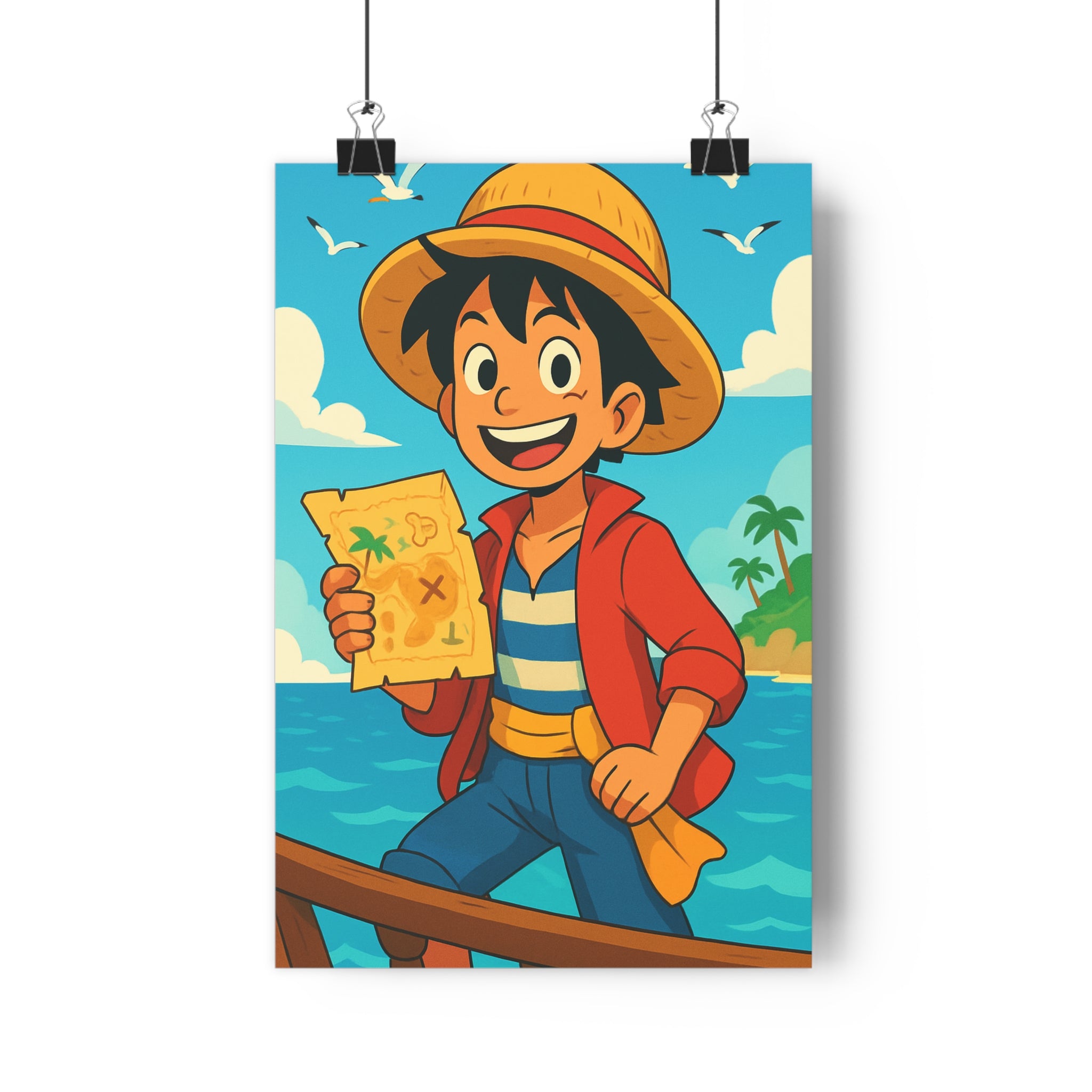 Poster décoratif cartoon joyeux aventurier enfant chapeau paille rouge bleu océan chambre murale art