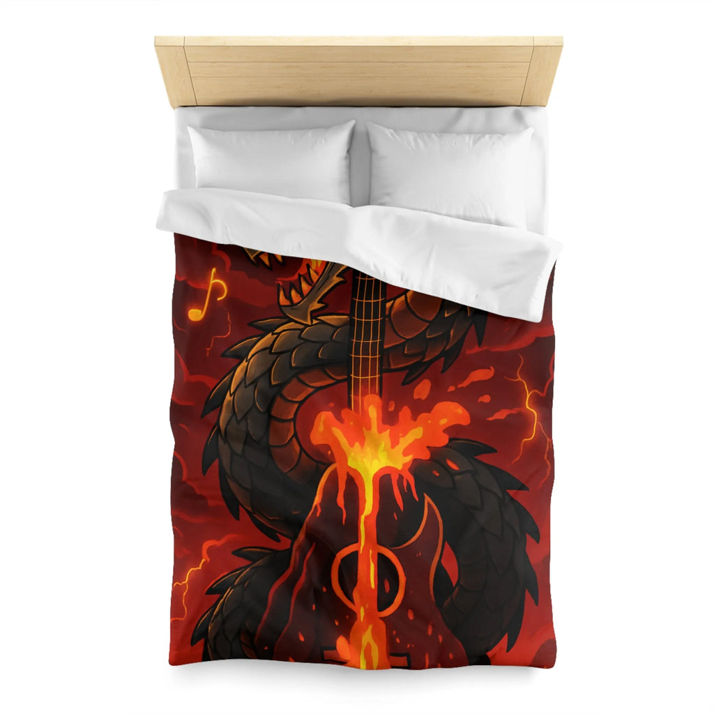 Housse de couette avec dragon noir majestueux et flammes incandescentes, ambiance épique