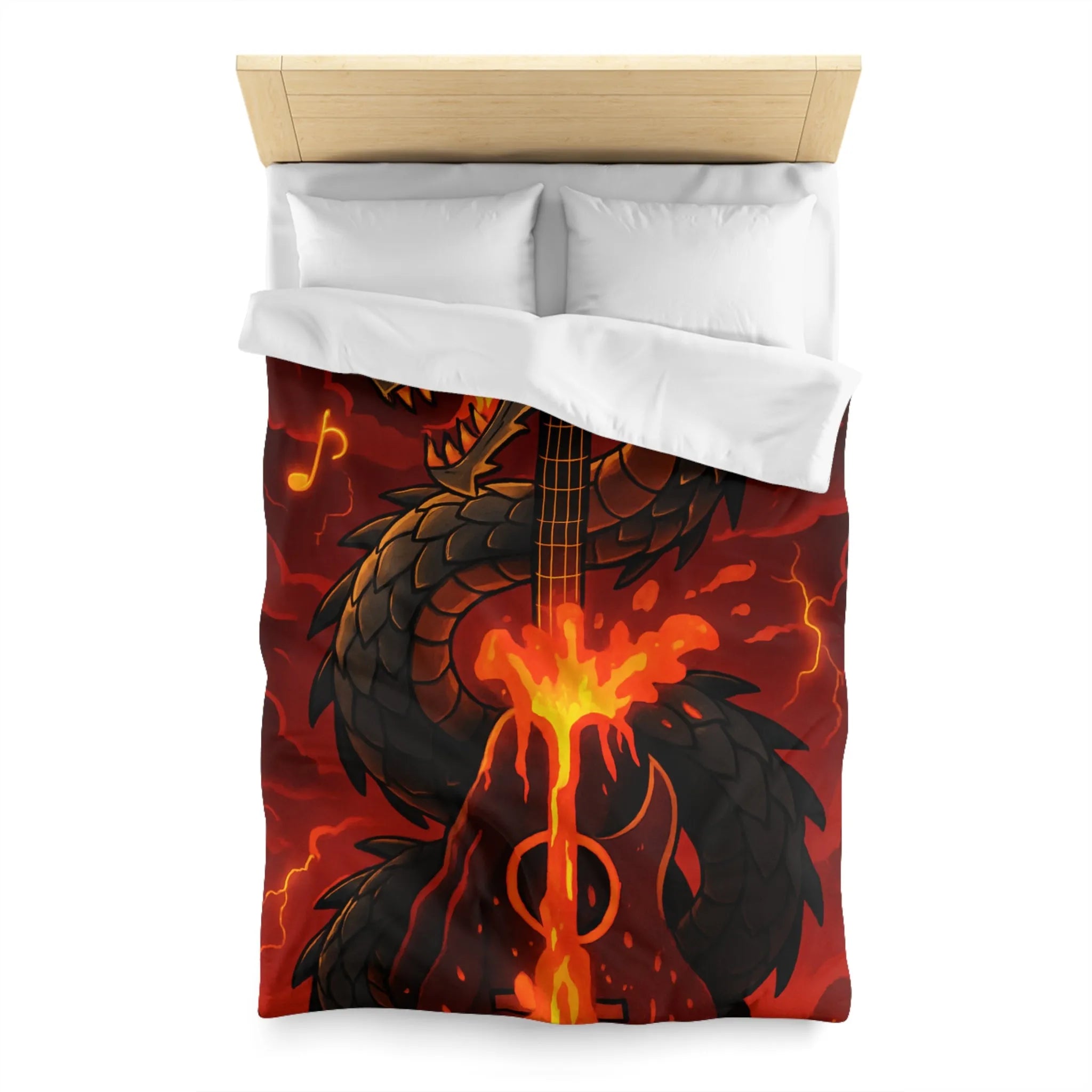 Housse de couette avec dragon noir majestueux et flammes incandescentes, ambiance épique